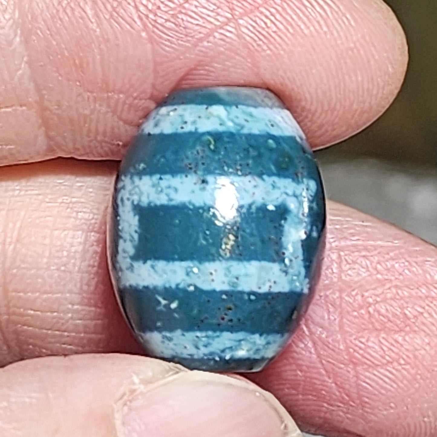 19.5mm Aged Tibetan Xang Xung (Zhang Zhung) Heaven & Earth Da Luo Dzi pendant blue hue red spots (with certificate) 藏传老矿象雄通体蓝沁微透细朱砂天地达洛天珠(带证书)