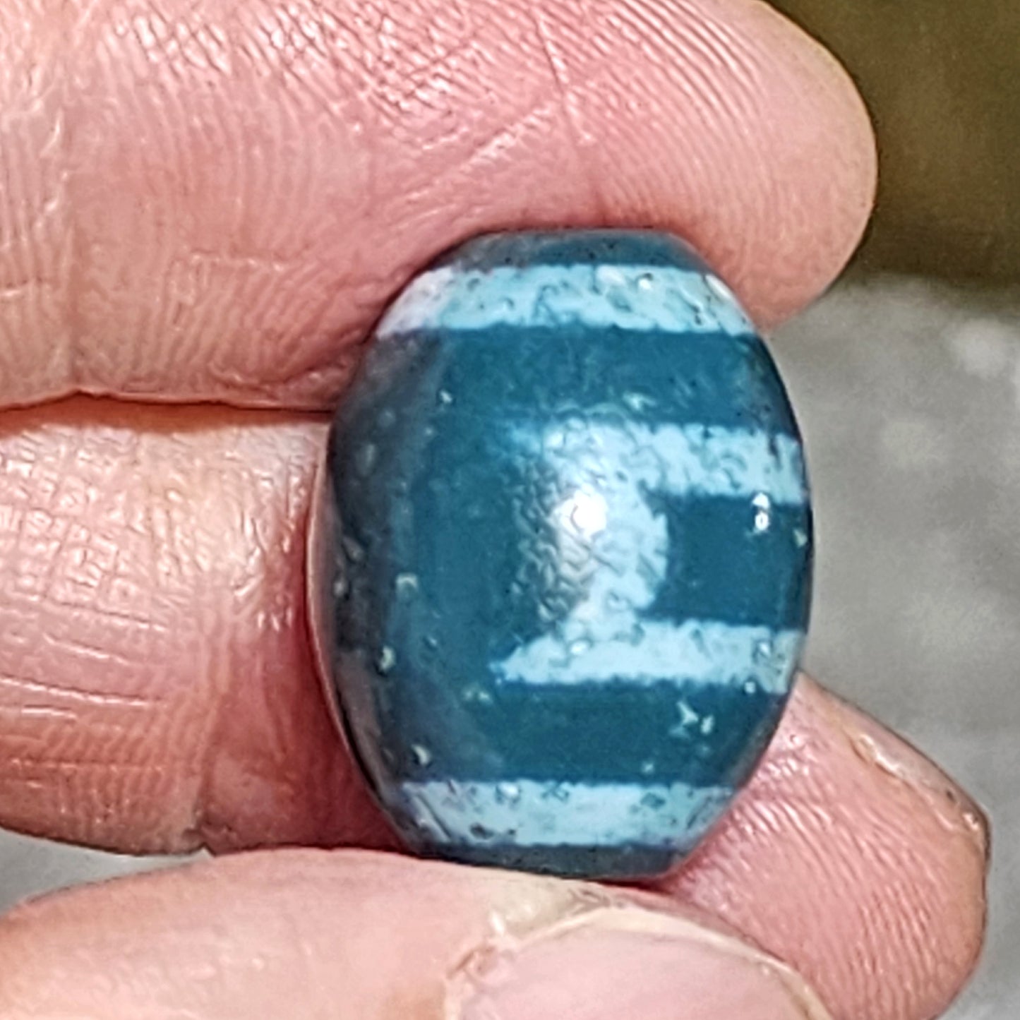 19.5mm Aged Tibetan Xang Xung (Zhang Zhung) Heaven & Earth Da Luo Dzi pendant blue hue red spots (with certificate) 藏传老矿象雄通体蓝沁微透细朱砂天地达洛天珠(带证书)