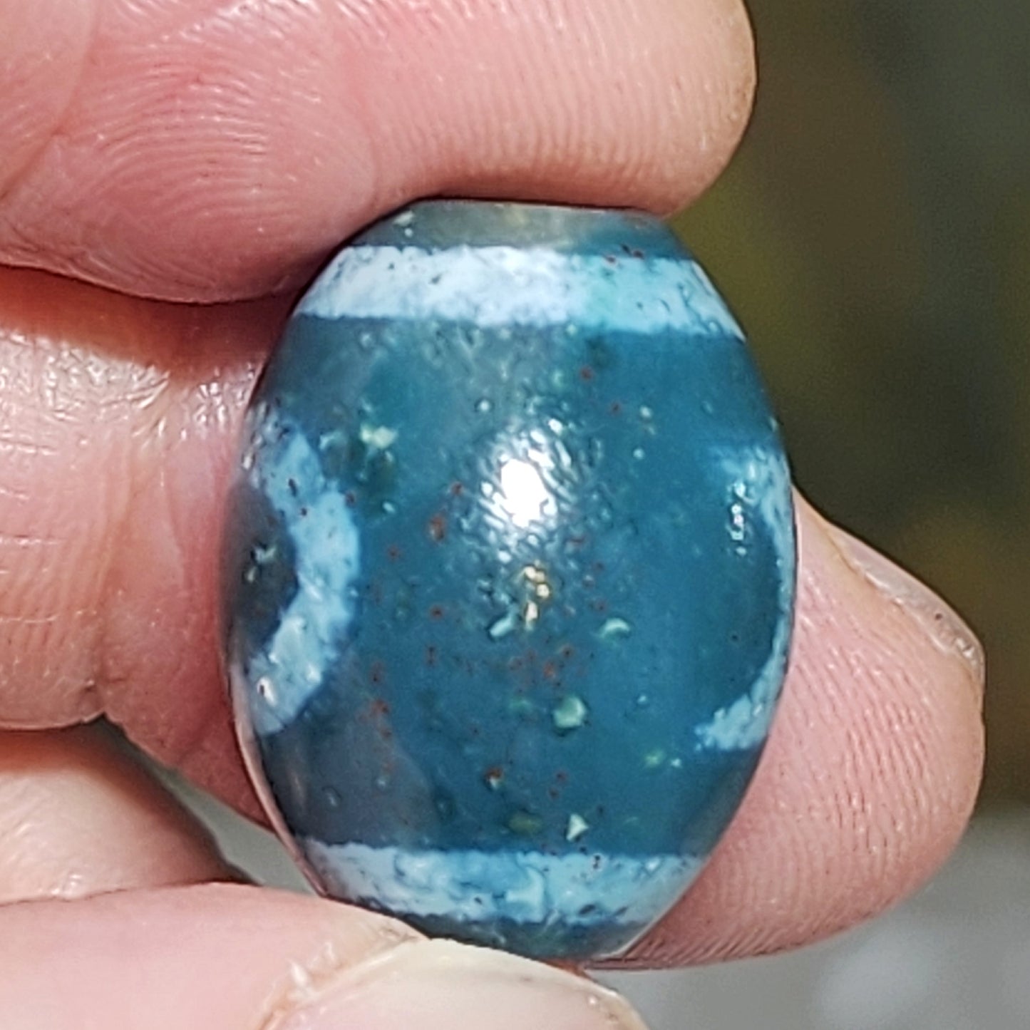 19.5mm Aged Tibetan Xang Xung (Zhang Zhung) Heaven & Earth Da Luo Dzi pendant blue hue red spots (with certificate) 藏传老矿象雄通体蓝沁微透细朱砂天地达洛天珠(带证书)