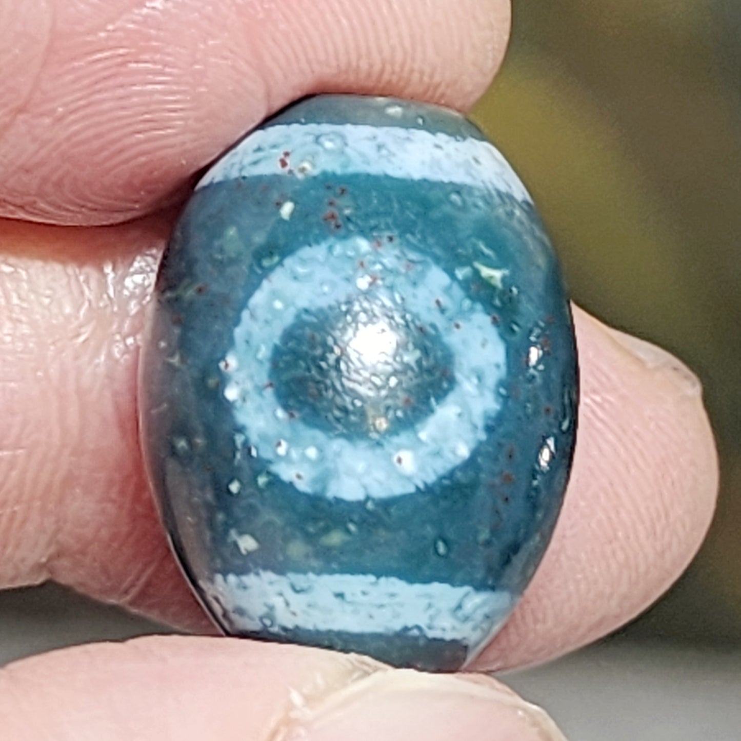 19.5mm Aged Tibetan Xang Xung (Zhang Zhung) Heaven & Earth Da Luo Dzi pendant blue hue red spots (with certificate) 藏传老矿象雄通体蓝沁微透细朱砂天地达洛天珠(带证书)