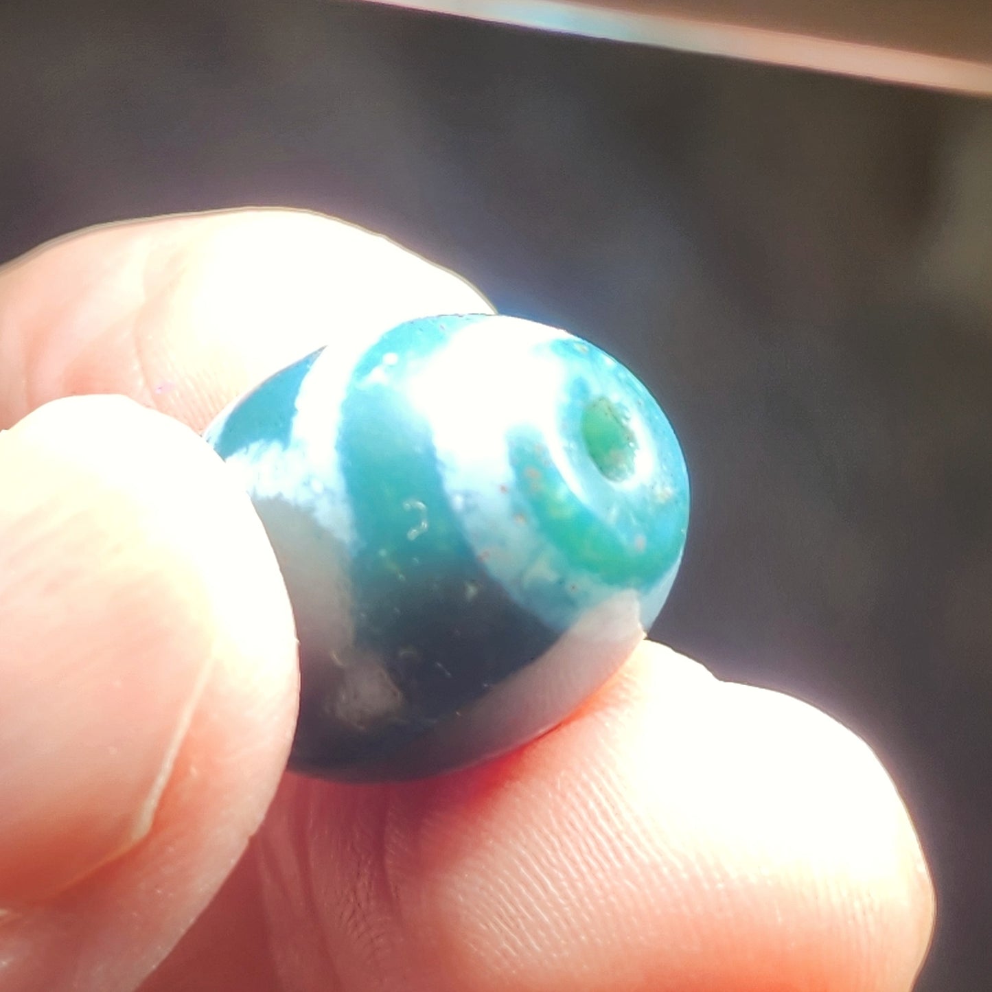 19.5mm Aged Tibetan Xang Xung (Zhang Zhung) Heaven & Earth Da Luo Dzi pendant blue hue red spots (with certificate) 藏传老矿象雄通体蓝沁微透细朱砂天地达洛天珠(带证书)
