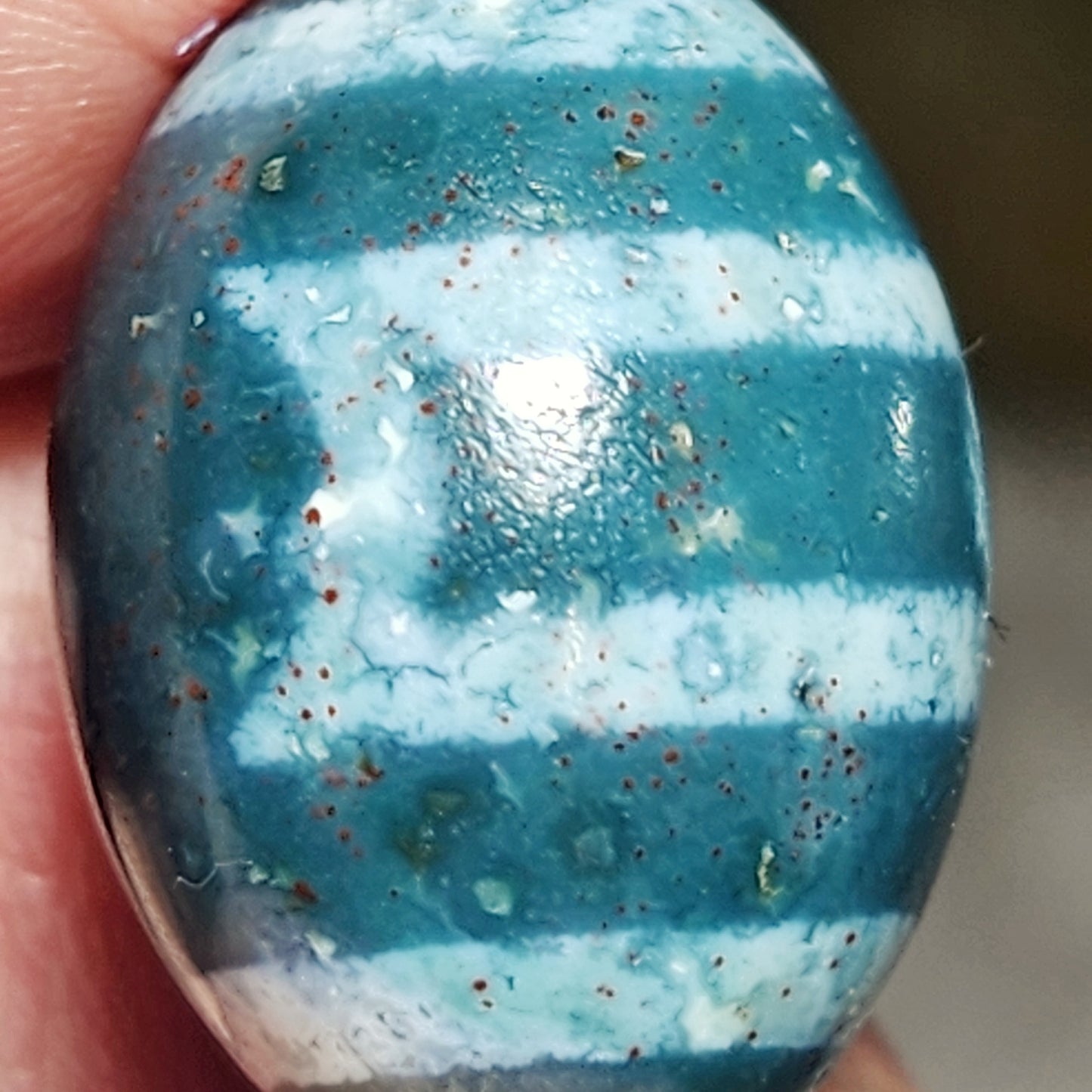 19.5mm Aged Tibetan Xang Xung (Zhang Zhung) Heaven & Earth Da Luo Dzi pendant blue hue red spots (with certificate) 藏传老矿象雄通体蓝沁微透细朱砂天地达洛天珠(带证书)