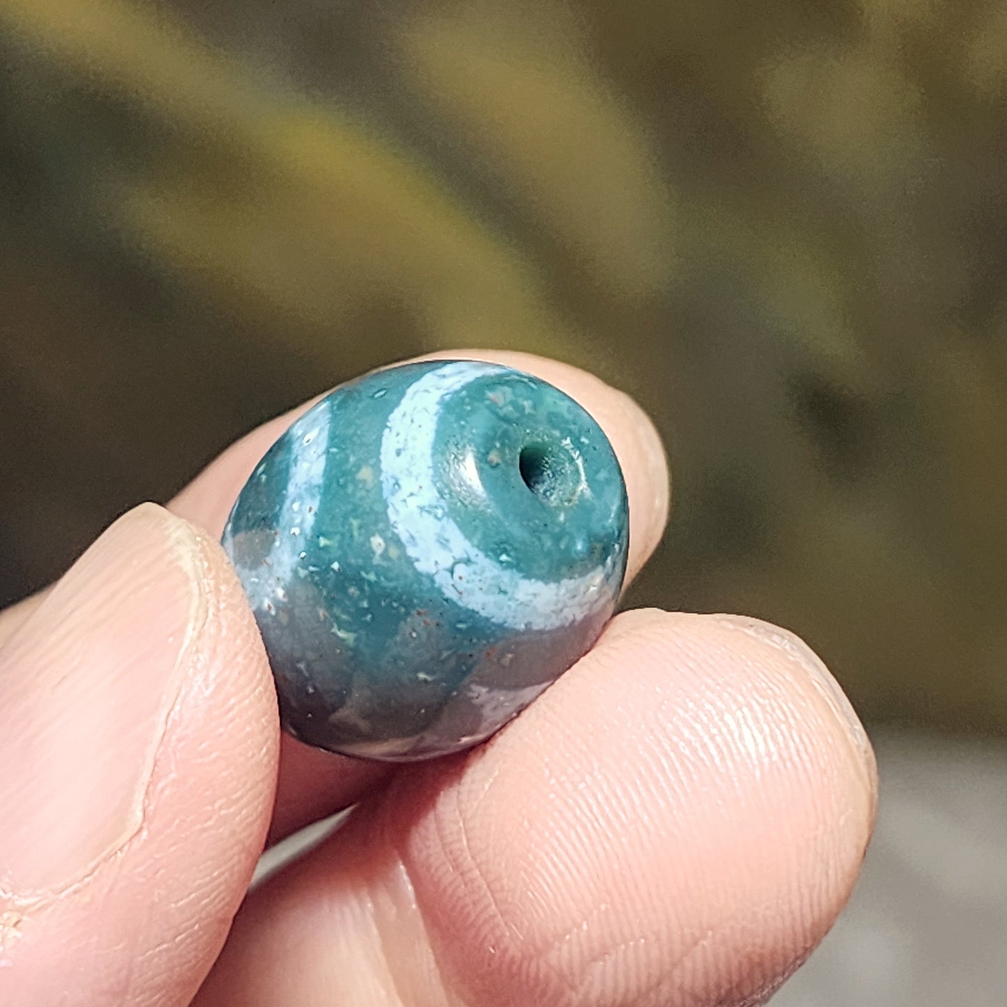 19.5mm Aged Tibetan Xang Xung (Zhang Zhung) Heaven & Earth Da Luo Dzi pendant blue hue red spots (with certificate) 藏传老矿象雄通体蓝沁微透细朱砂天地达洛天珠(带证书)