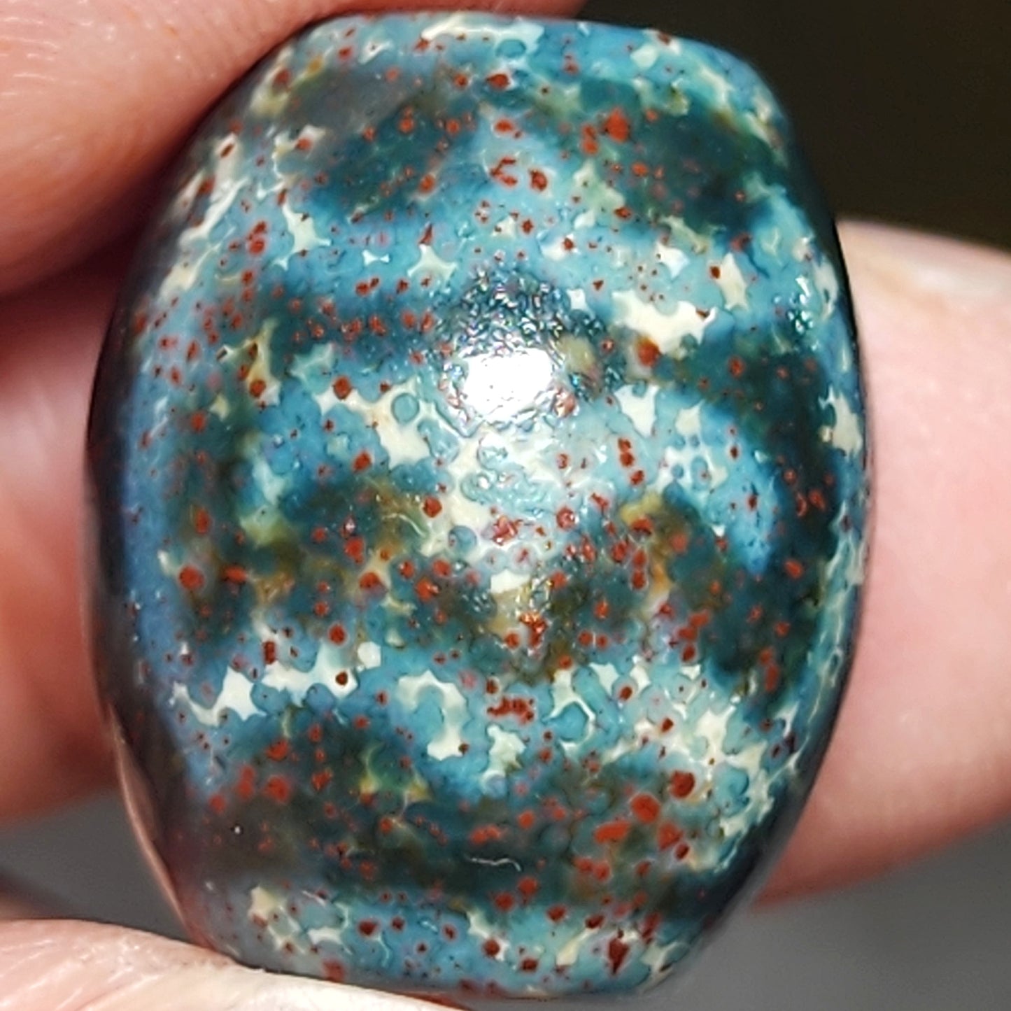 18.3mm Aged Tibetan Zhang Zhung Garuda Da Luo Dzi pendant blue hue red spots with natural pattern (with certificate) 藏传老矿通体蓝沁细朱砂帶天然图形大鹏金翅鸟达洛天珠(带证书)