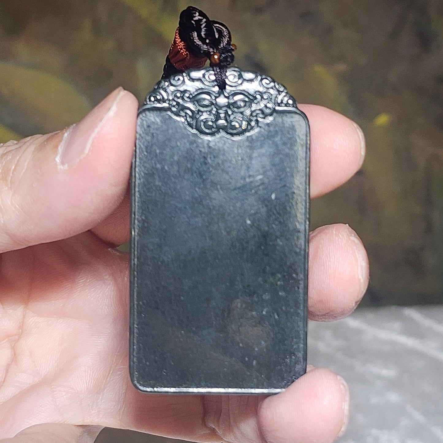Nephrite Wu Shi Pai pendant deep green carved Pi Xiu on both side top edge (with certificate) 和田玉深青玉无事牌吊坠双面雕刻貔貅牌头(带证书)