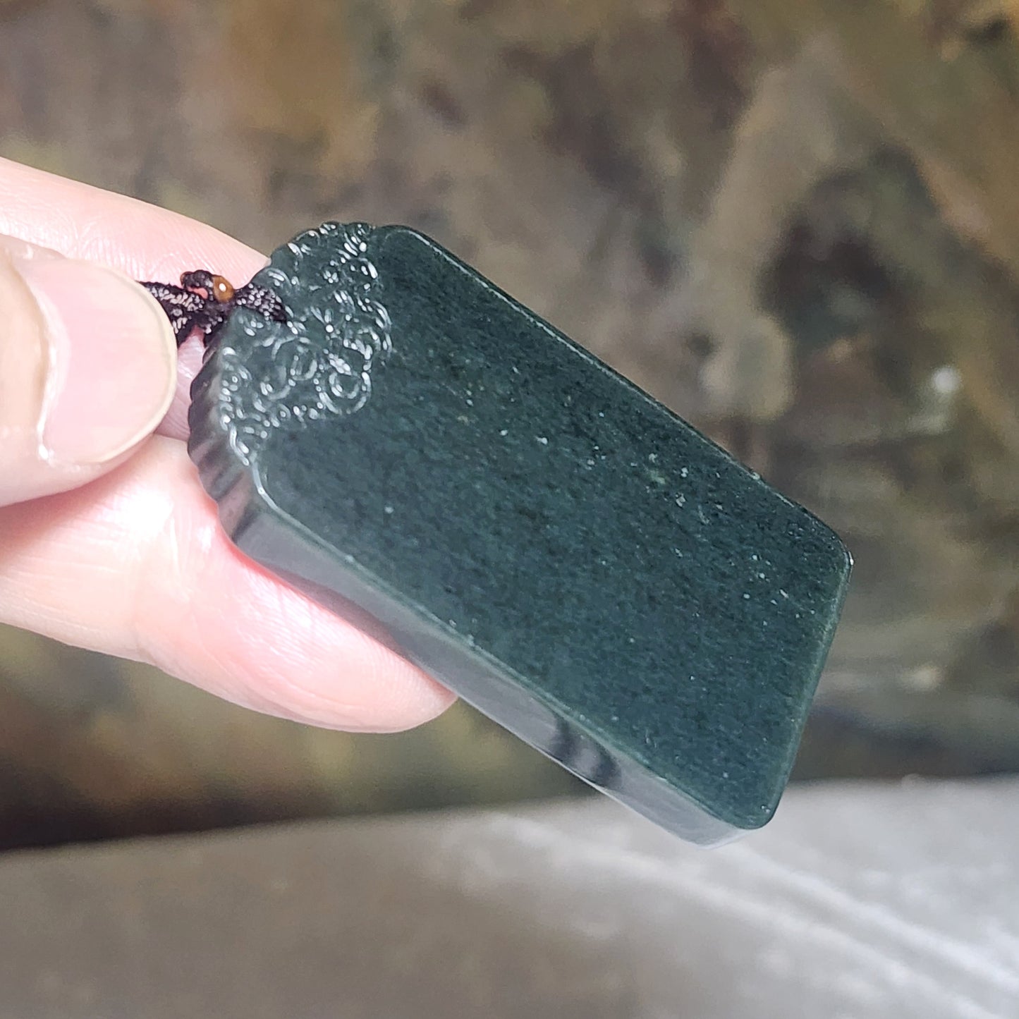 Nephrite Wu Shi Pai pendant deep green carved Pi Xiu on both side top edge (with certificate) 和田玉深青玉无事牌吊坠双面雕刻貔貅牌头(带证书)