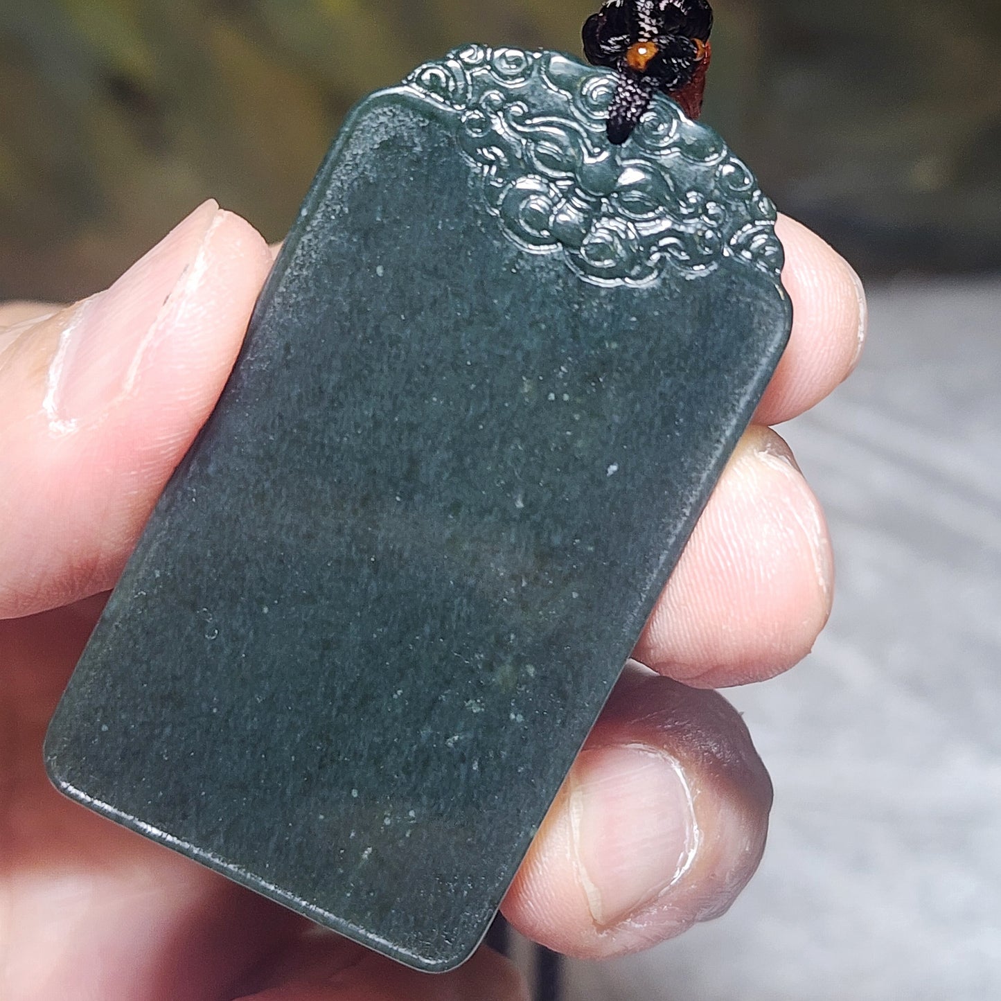 Nephrite Wu Shi Pai pendant deep green carved Pi Xiu on both side top edge (with certificate) 和田玉深青玉无事牌吊坠双面雕刻貔貅牌头(带证书)