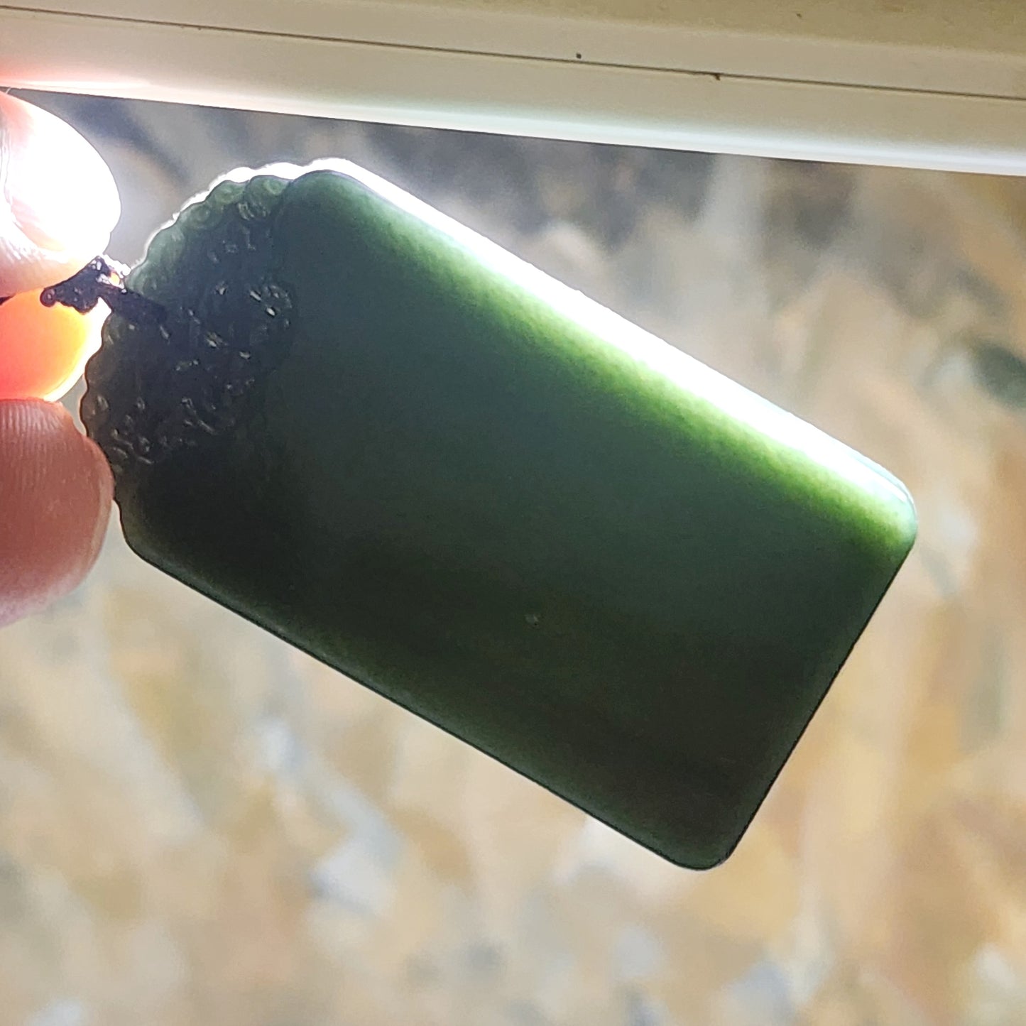 Nephrite Wu Shi Pai pendant deep green carved Pi Xiu on both side top edge (with certificate) 和田玉深青玉无事牌吊坠双面雕刻貔貅牌头(带证书)