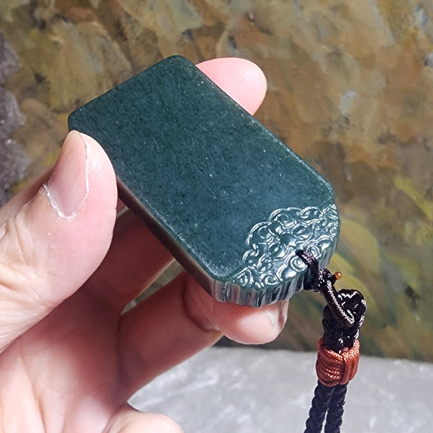 Nephrite Wu Shi Pai pendant deep green carved Pi Xiu on both side top edge (with certificate) 和田玉深青玉无事牌吊坠双面雕刻貔貅牌头(带证书)