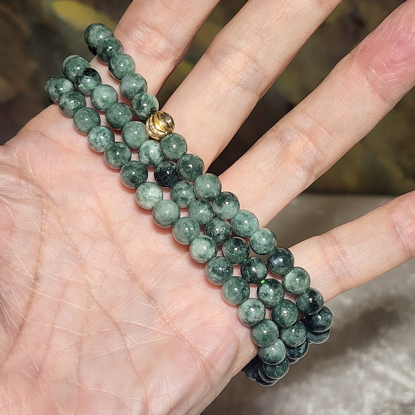 6.5mm natural untreated Burma Jade (Type A Jadeite) light green with a slight yellow hue floating flowers 108 mala necklace (with certificate) 翡翠A货淡绿微黄飘花108项链(带证书)