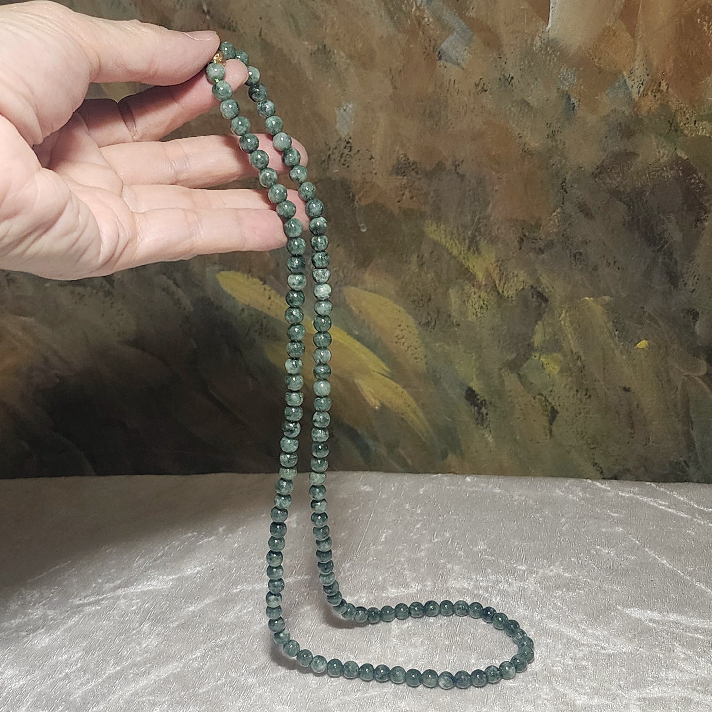 6.5mm natural untreated Burma Jade (Type A Jadeite) light green with a slight yellow hue floating flowers 108 mala necklace (with certificate) 翡翠A货淡绿微黄飘花108项链(带证书)