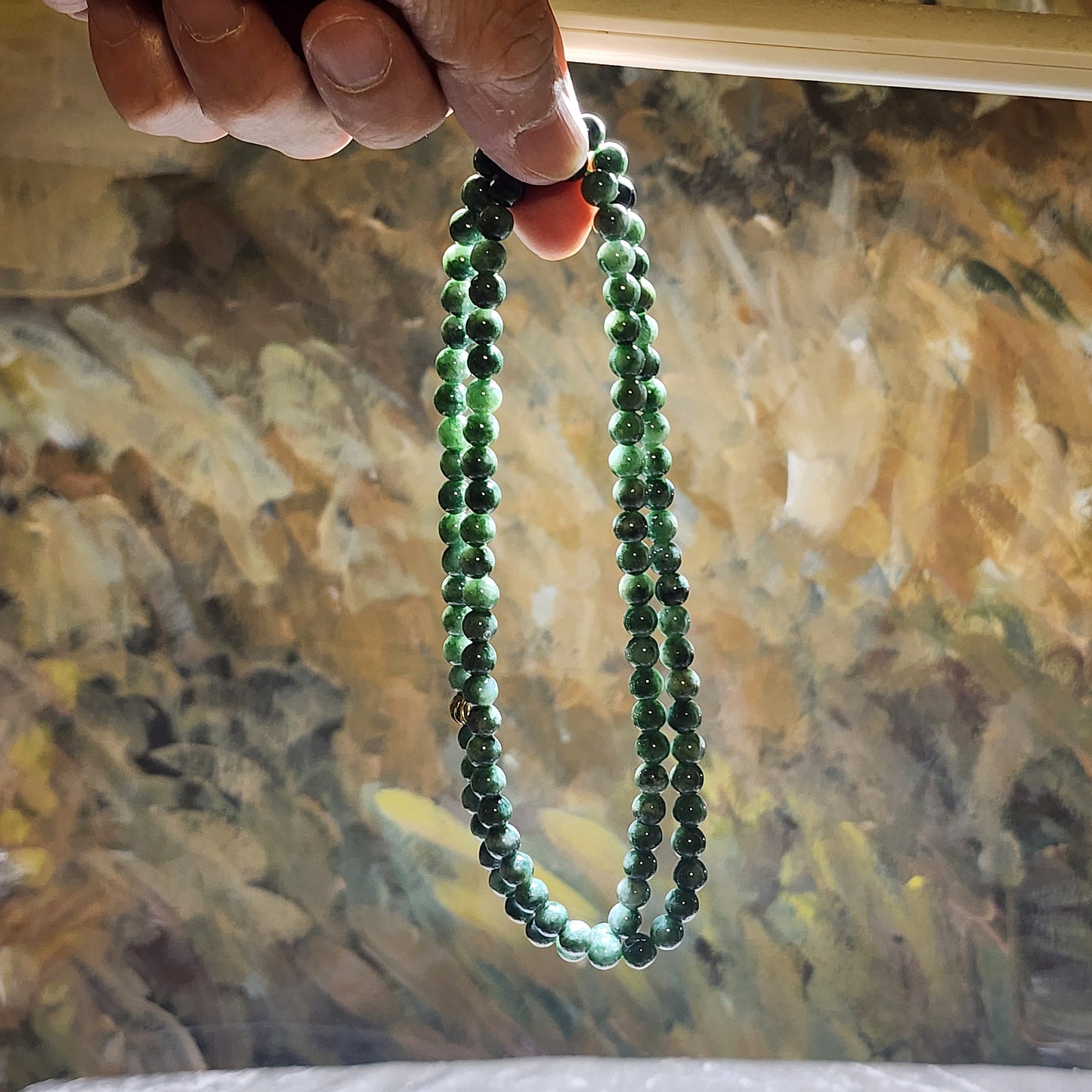6.5mm natural untreated Burma Jade (Type A Jadeite) light green with a slight yellow hue floating flowers 108 mala necklace (with certificate) 翡翠A货淡绿微黄飘花108项链(带证书)