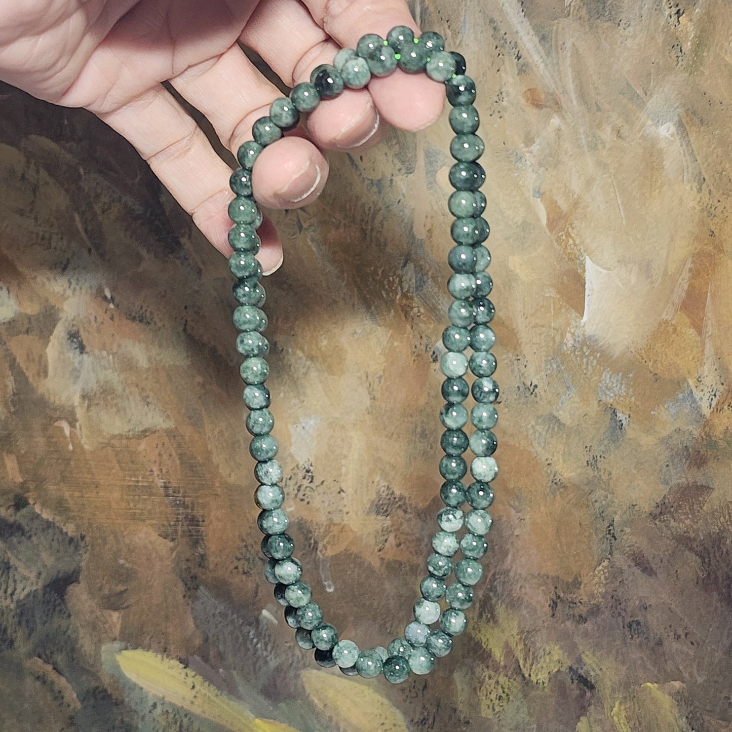 6.5mm natural untreated Burma Jade (Type A Jadeite) light green with a slight yellow hue floating flowers 108 mala necklace (with certificate) 翡翠A货淡绿微黄飘花108项链(带证书)