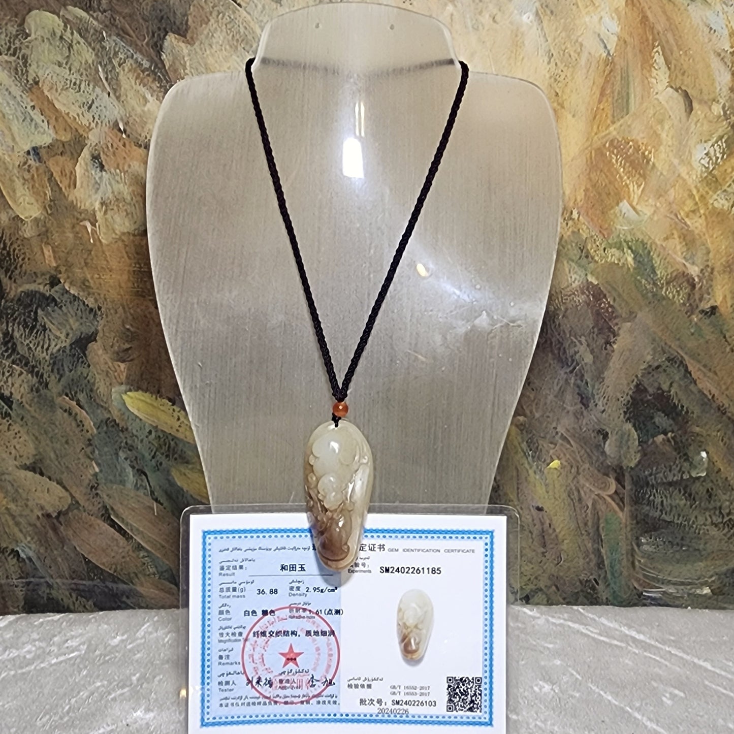Gegegems Collection premium good greasiness natural Nephrite white & caramel brown Ruyi Monkey Longevity Peach Jade pendant (with certificate) 和田玉且末糖暖白油润如意猴子寿桃吊坠(带证书)