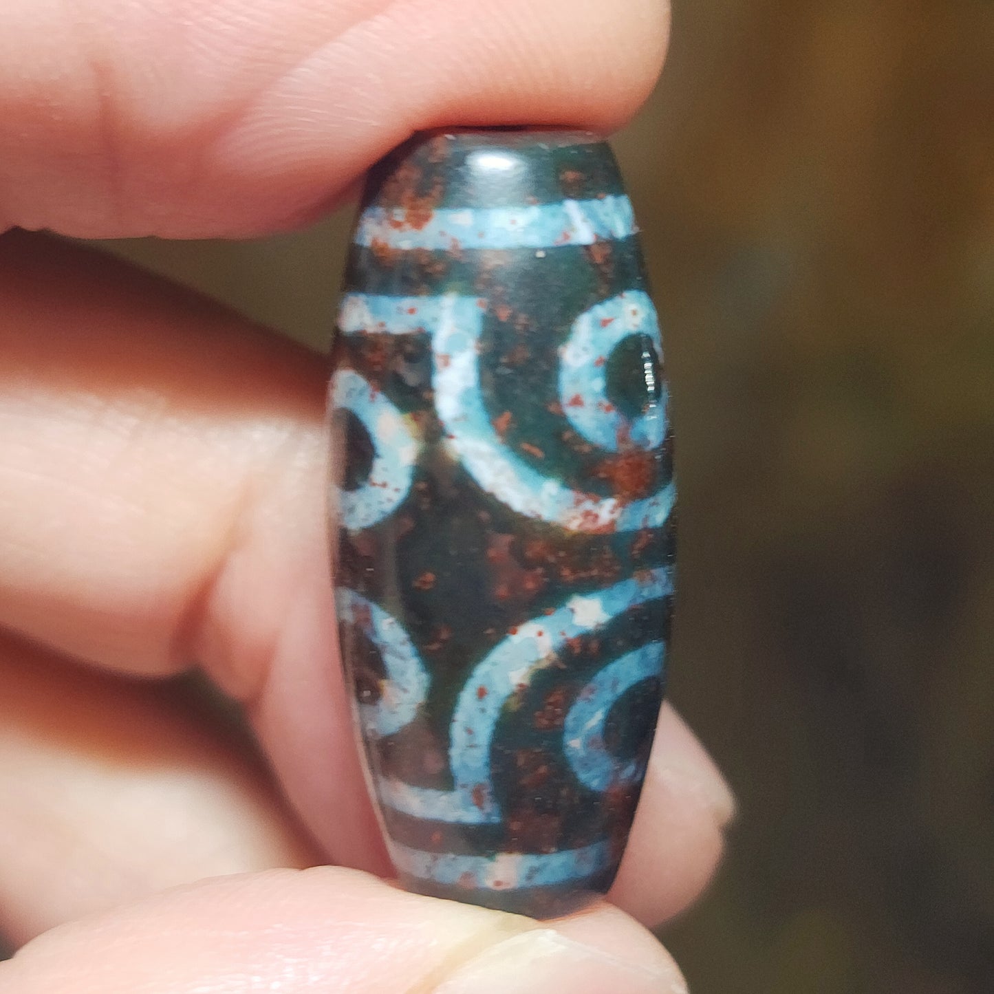 29.6mm Aged Tibetan Zhang Zhung 7 Eyes Dzi pendant with red spots (with certificate) 小尺寸藏传老矿象雄满朱砂七眼天珠(带证书)