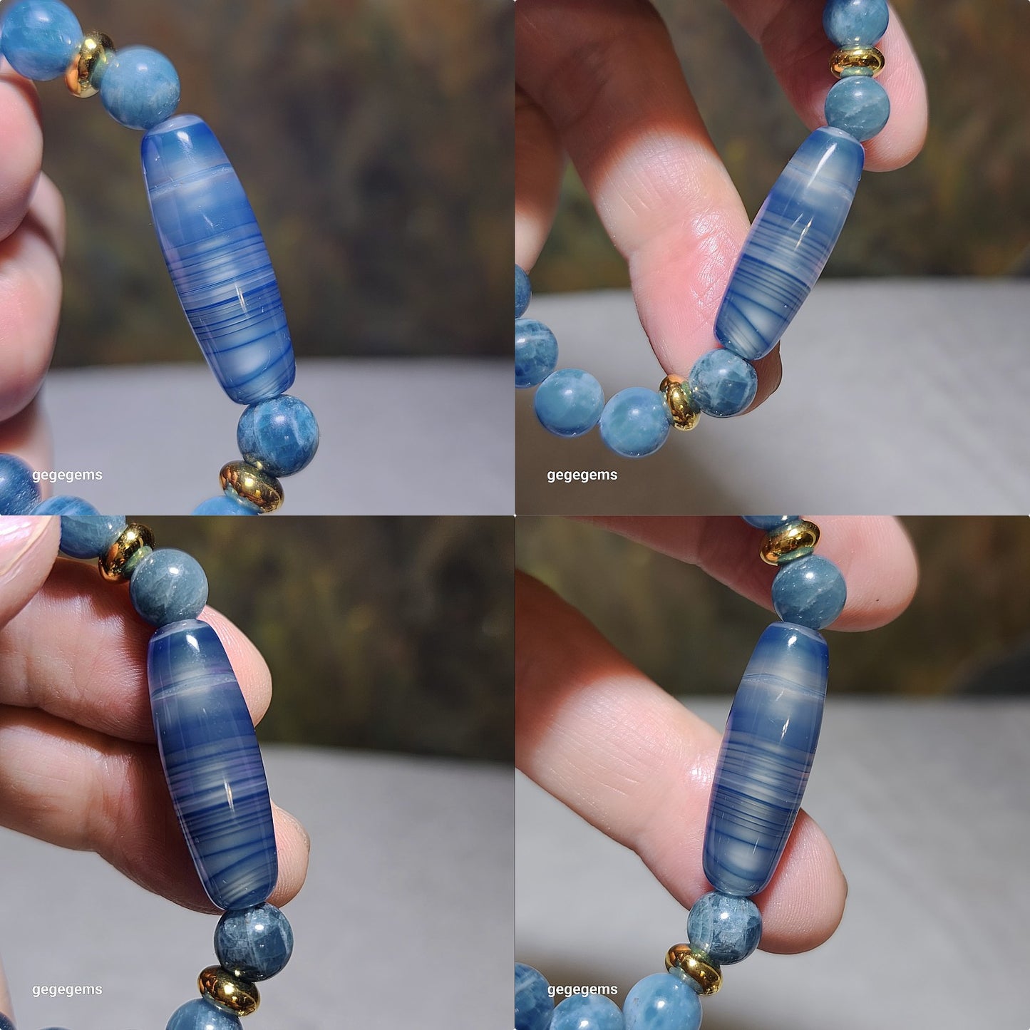 Gegegems Creation Blue Sardonyx natural pattern Lines Dzi and 8mm Apatite Bracelet 缠丝玛瑙天然多线天珠磷灰石手链
