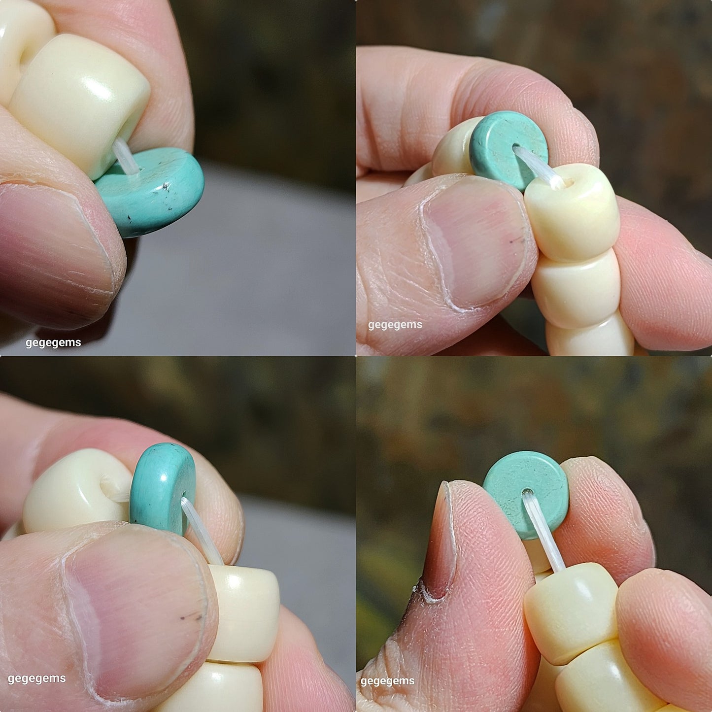 11.6mm Tibetan aged barrel beads and natural untreated Hubei Turquoise bracelet 藏式老料化石珠桶珠原矿湖北松石手链 #8
