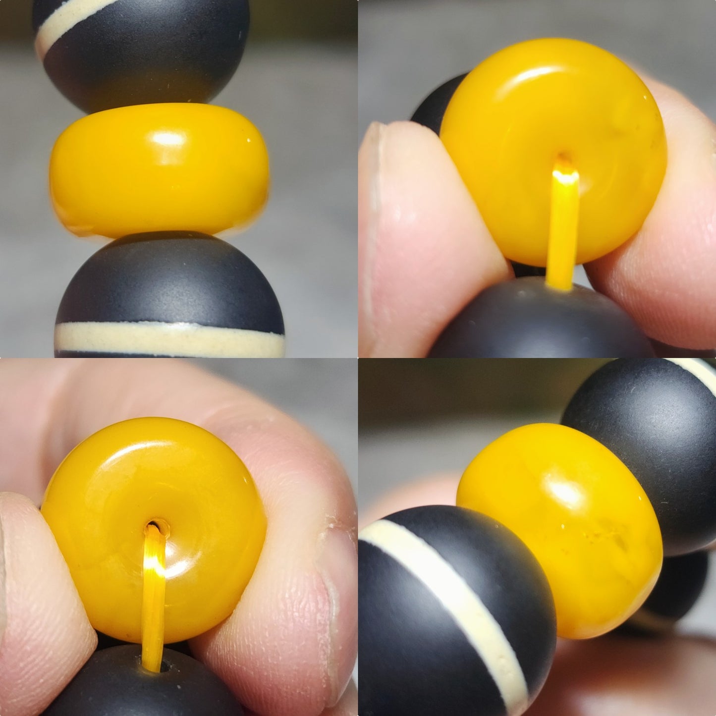 15.5mm Premium Tibetan Black Agate Medicine Dzi and aged Butterscotch Amber thick donut bracelet 精品大尺寸藏传一线药师珠配老蜜腊墩子厚平安扣手链