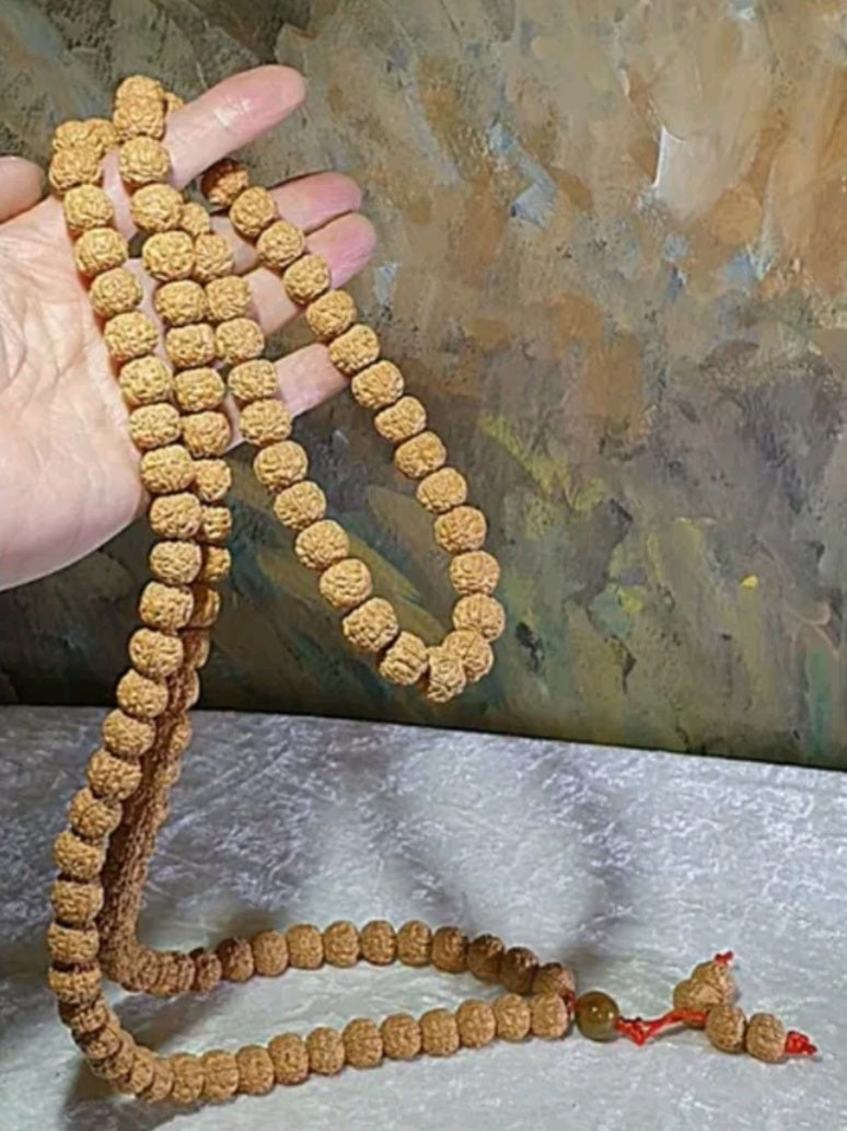 Rare XL 13mm "ginger yellow" 5 Mukhi (Faces) "Double-Dragon Panlong" small species Rudraksha 108 mala beads/necklace/handheld 罕见大尺寸13毫米姜黄皮五瓣双龙盘龙小金刚菩提超大108念珠/项链/手持