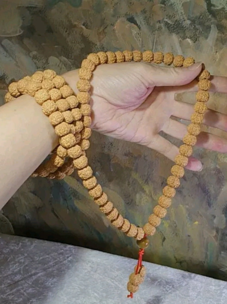 Rare XL 13mm "ginger yellow" 5 Mukhi (Faces) "Double-Dragon Panlong" small species Rudraksha 108 mala beads/necklace/handheld 罕见大尺寸13毫米姜黄皮五瓣双龙盘龙小金刚菩提超大108念珠/项链/手持