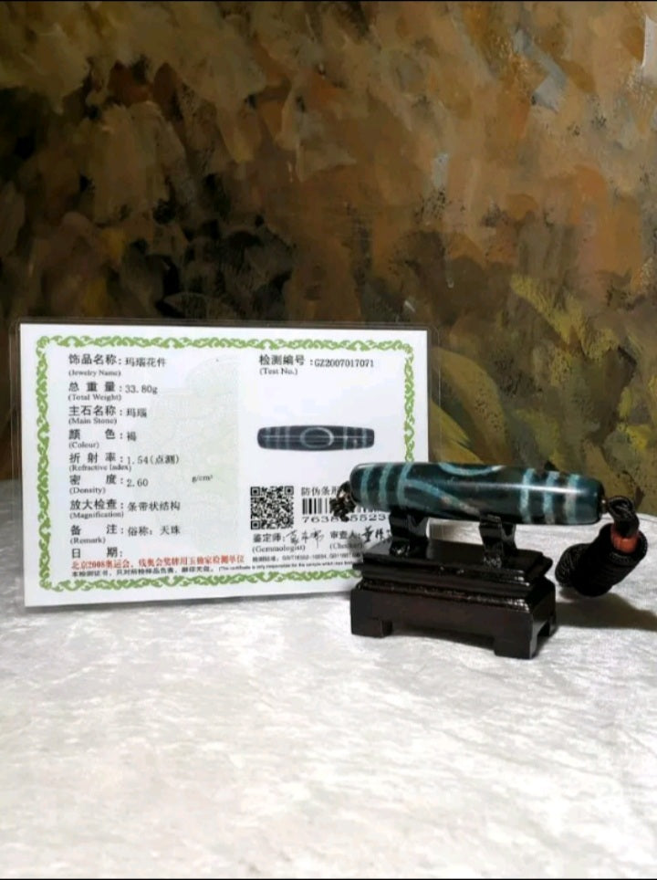 Tibetan Xang Xung (Zhang Zhung) 1 Eye 2 Mountains Fengshui Dzi with red spots (with certificate)西藏老矿象雄满朱砂一眼双靠山风水天珠(带证书)