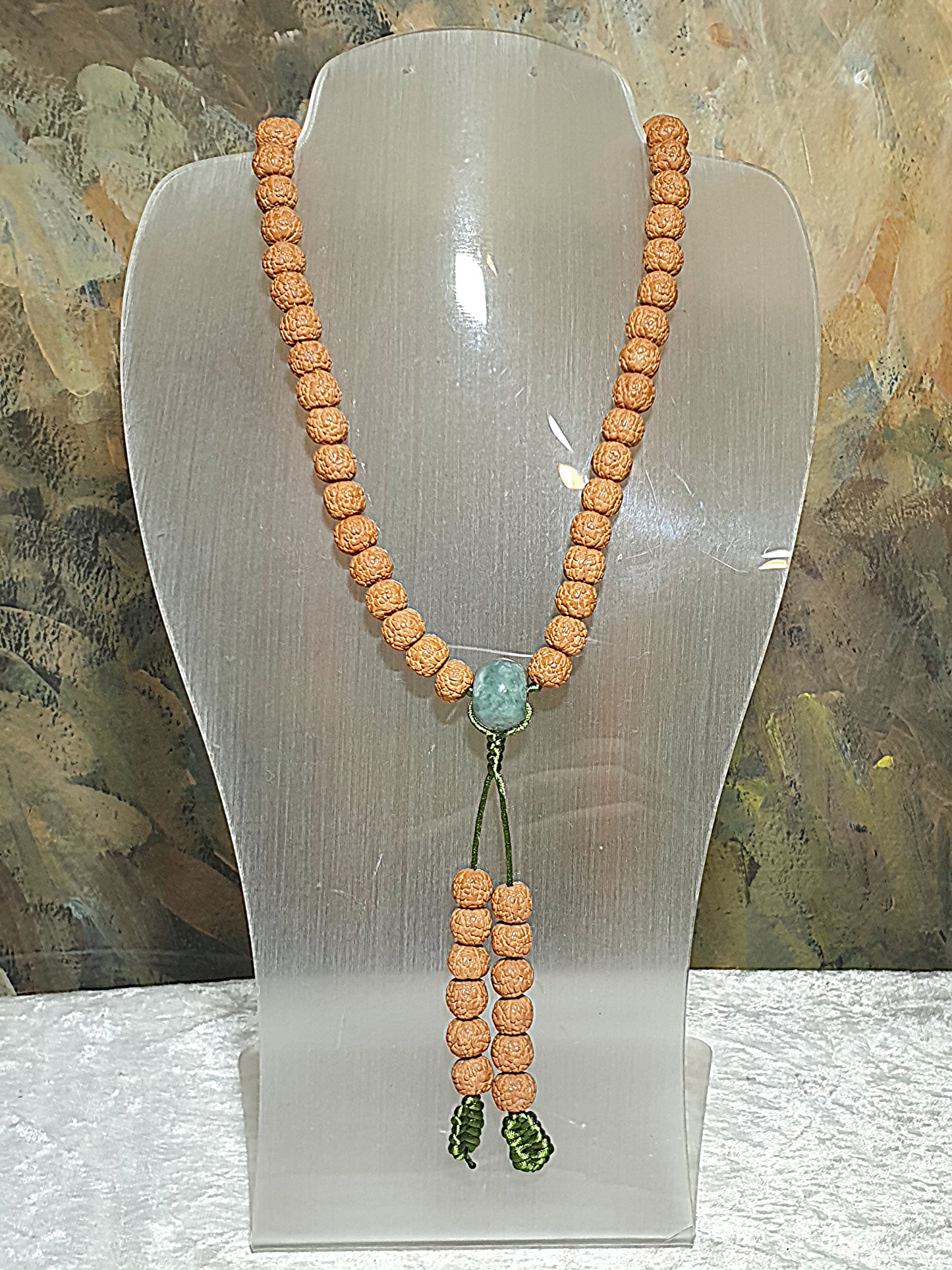 10.2mm High density high natural oil contents "Dragon Scales" 5 Mukhi (faces) small species Rudraksha 108 mala beads with a 17.8mm Type A Jadeite Lulutong 10.2毫米高油高密原桩龙鳞五瓣小金刚菩提108念珠配17.8毫米翡翠路路通