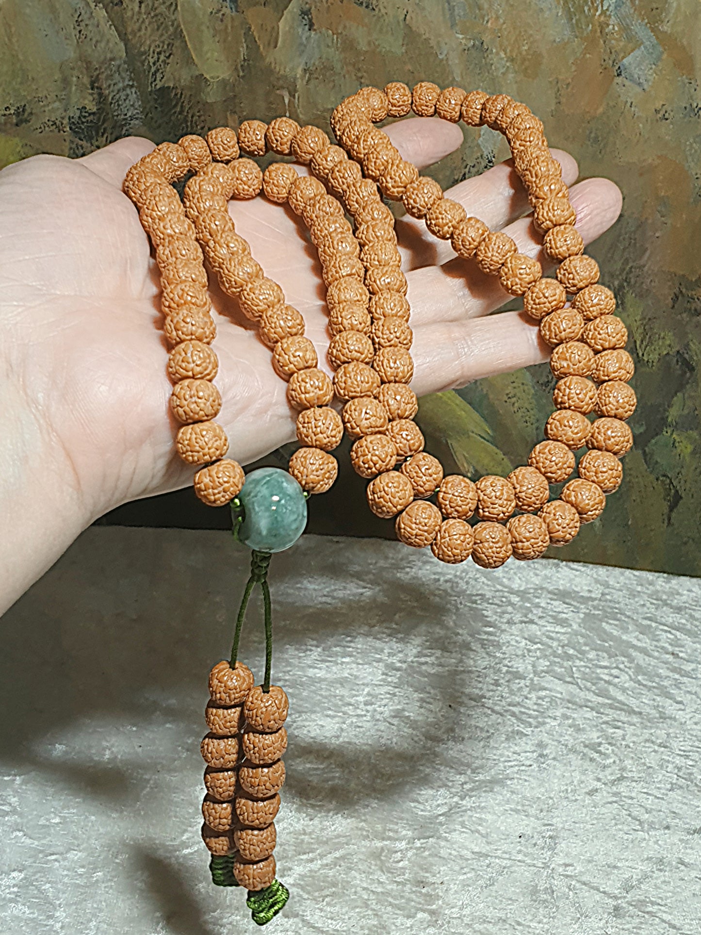 10.2mm High density high natural oil contents "Dragon Scales" 5 Mukhi (faces) small species Rudraksha 108 mala beads with a 17.8mm Type A Jadeite Lulutong 10.2毫米高油高密原桩龙鳞五瓣小金刚菩提108念珠配17.8毫米翡翠路路通