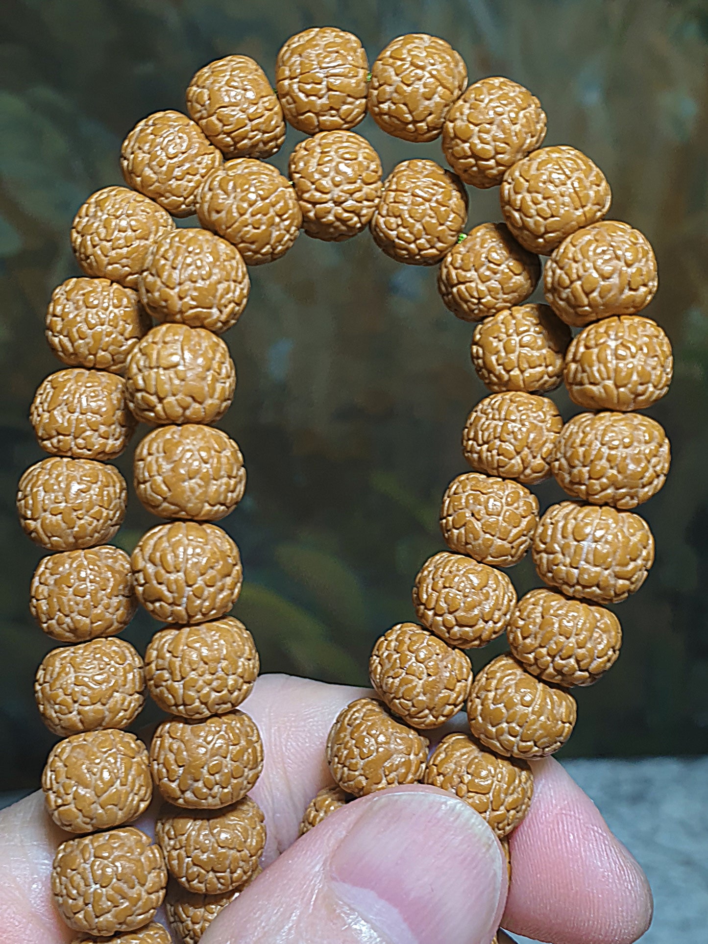10.2mm High density high natural oil contents "Dragon Scales" 5 Mukhi (faces) small species Rudraksha 108 mala beads with a 17.8mm Type A Jadeite Lulutong 10.2毫米高油高密原桩龙鳞五瓣小金刚菩提108念珠配17.8毫米翡翠路路通