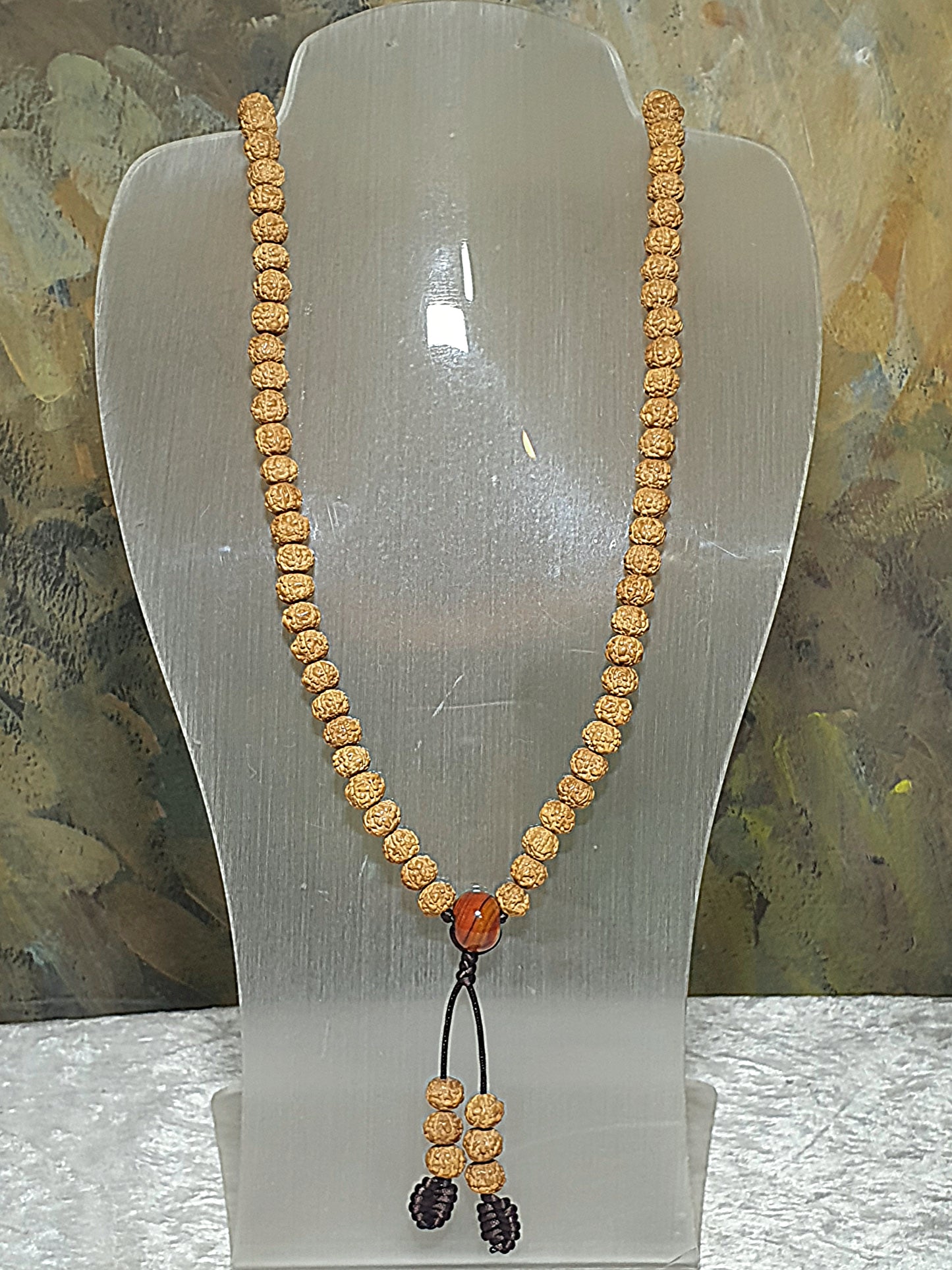 8.8mm 6 Mukhi (Faces) high density high oil content"Panlong (Coiling Dragons") Rudraksha 108 mala beads/necklace with a 14mm The Warring States Sardonyx Lu Lu Tong 8.8毫米高油铁籽六瓣盘龙小金刚菩提108念珠/项链配14毫米战国红路路通