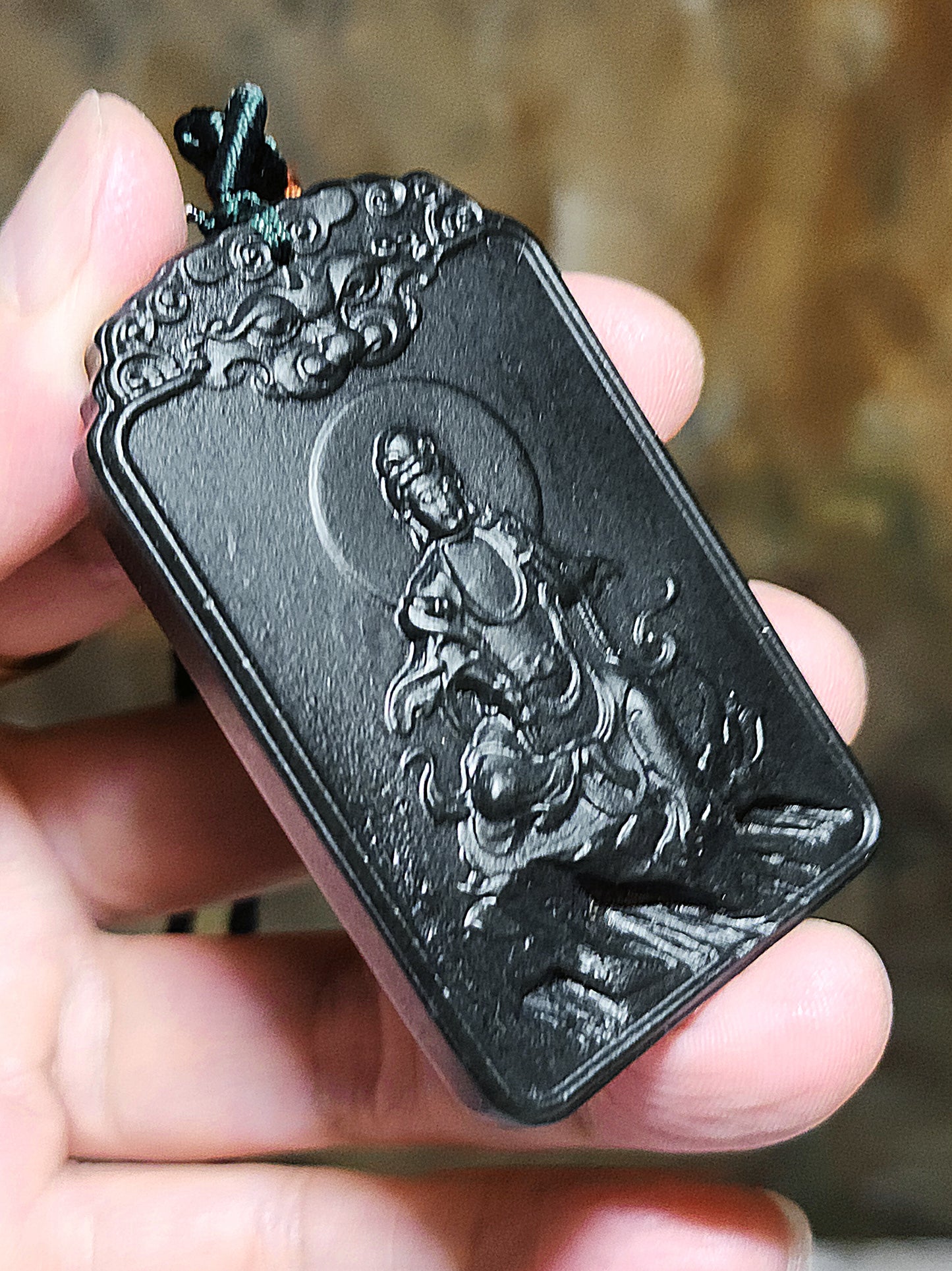 Premium Nephrite deep ink green Guan Yin & Pi Xiu Jade pendant (with certificate) 和田玉塔青墨绿精工雕刻观音、貔貅牌头吊坠(带证书)