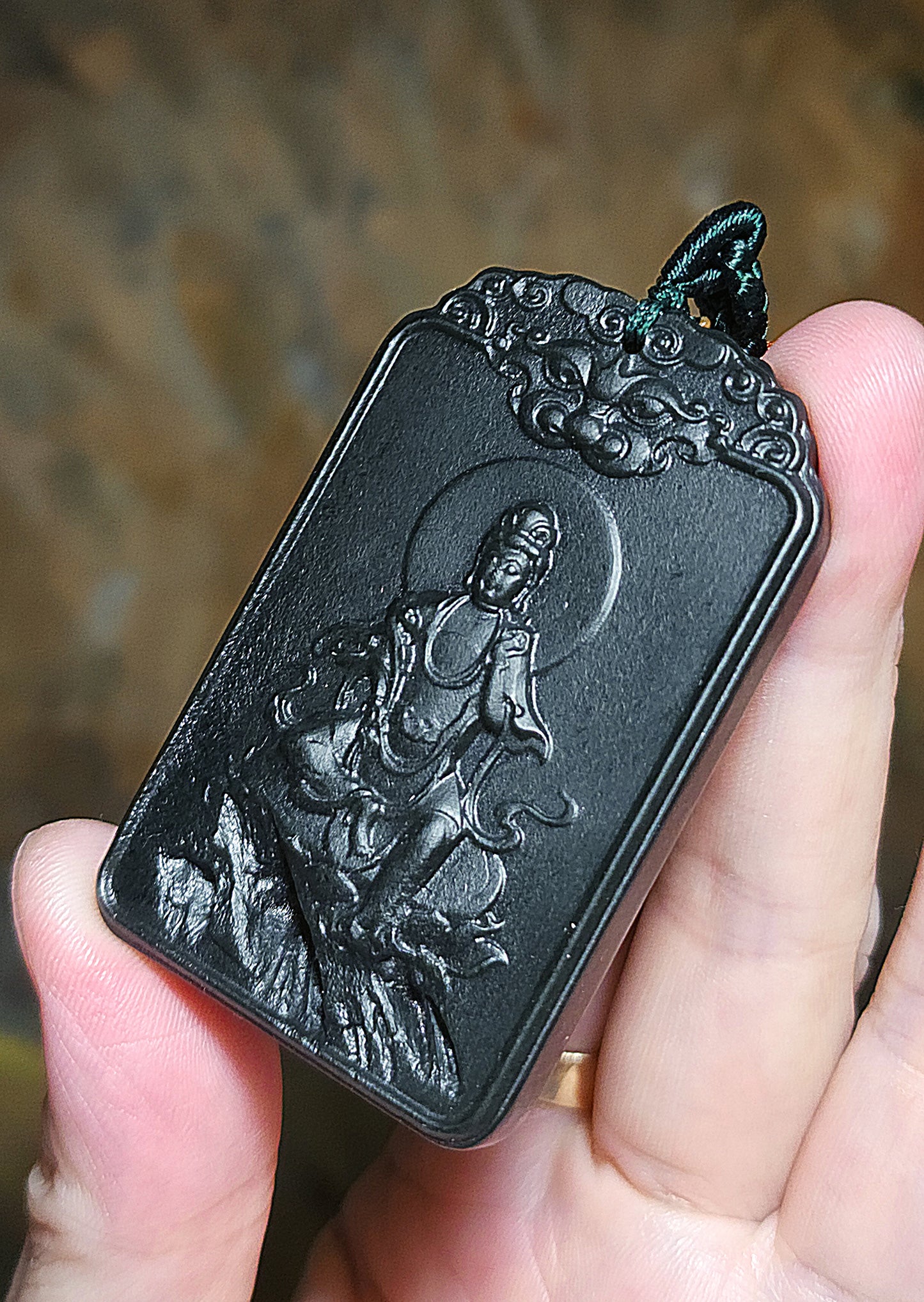 Premium Nephrite deep ink green Guan Yin & Pi Xiu Jade pendant (with certificate) 和田玉塔青墨绿精工雕刻观音、貔貅牌头吊坠(带证书)