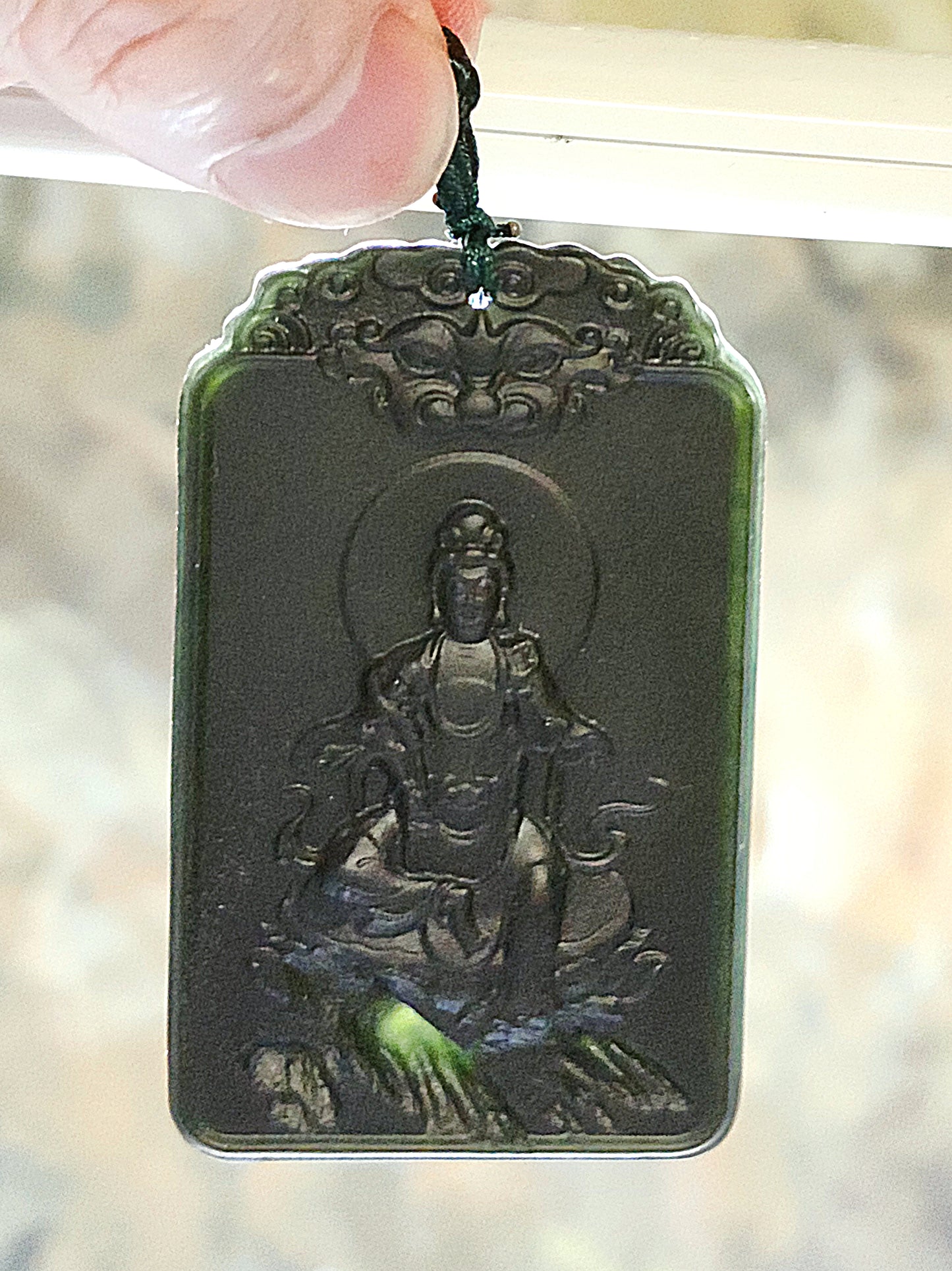 Premium Nephrite deep ink green Guan Yin & Pi Xiu Jade pendant (with certificate) 和田玉塔青墨绿精工雕刻观音、貔貅牌头吊坠(带证书)