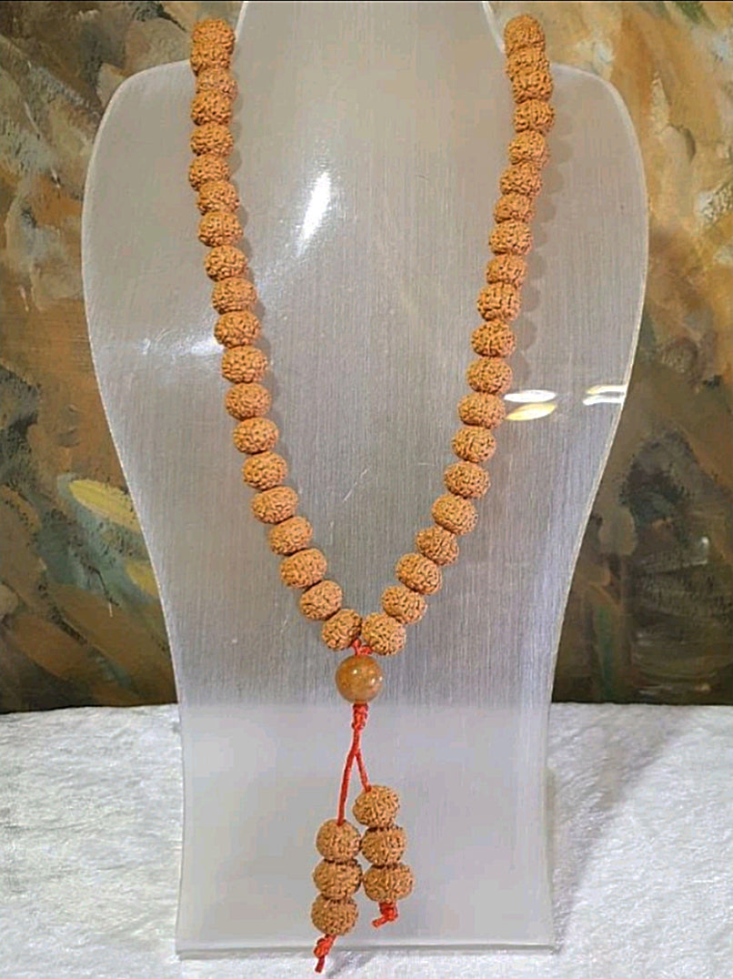 Gegegems Creation rare large size 12.5mm 9-Mukhi (Faces) abacus shape small species Rudraksha 108 mala beads/necklace with Type A Yellow Jadeite guru bead罕见大尺寸12.5毫米九瓣飞碟小金刚菩提108念珠/项链/多圈手串配黄翡佛头