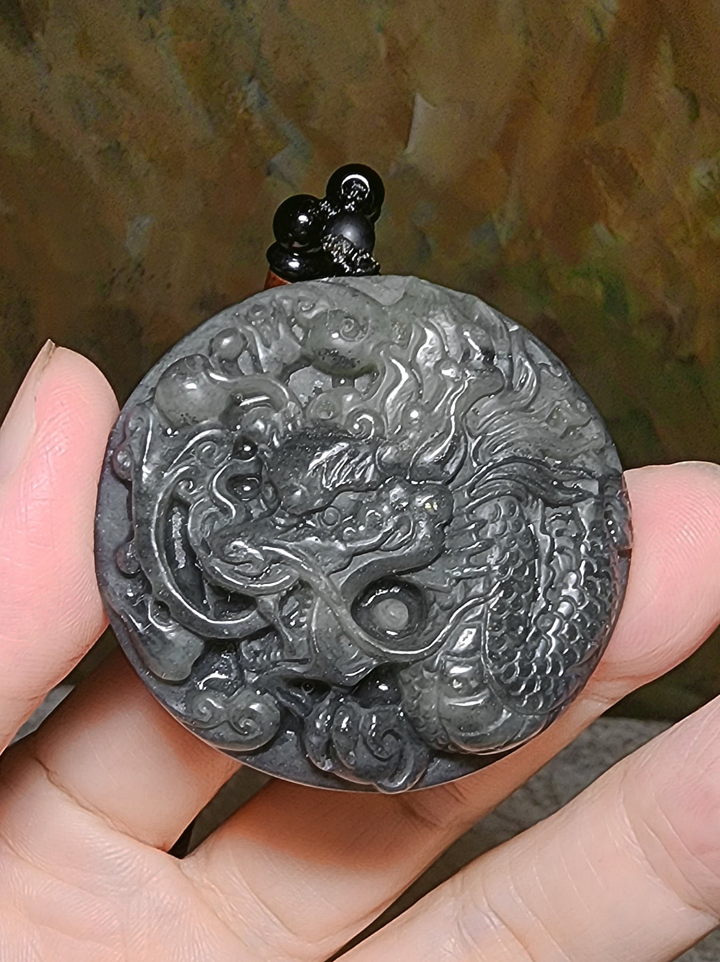 Natural Nephrite greenish Qinghua large Dragon pendant (with certificate) 和田玉绿青花大龙牌(带证书)