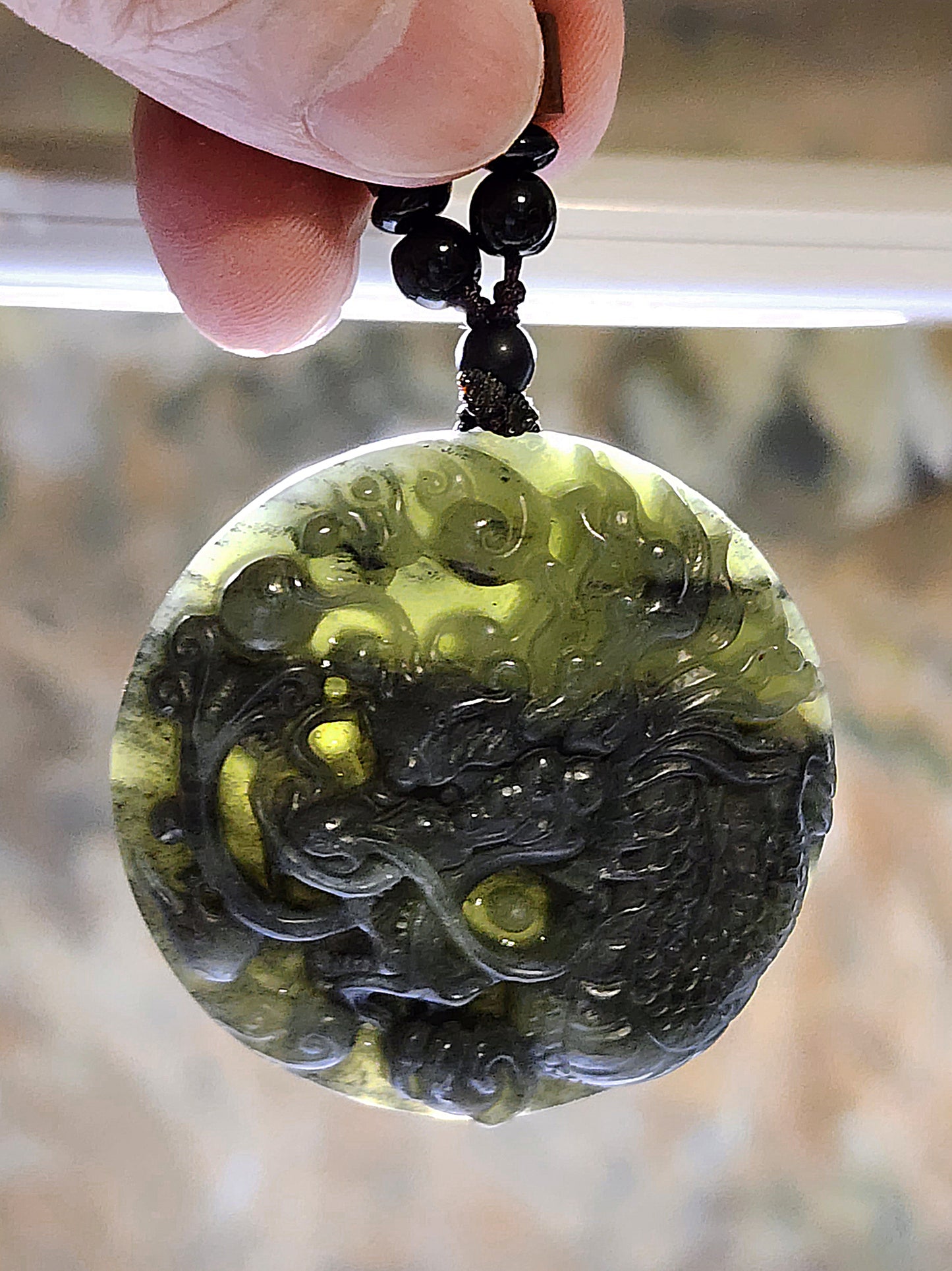 Natural Nephrite greenish Qinghua large Dragon pendant (with certificate) 和田玉绿青花大龙牌(带证书)