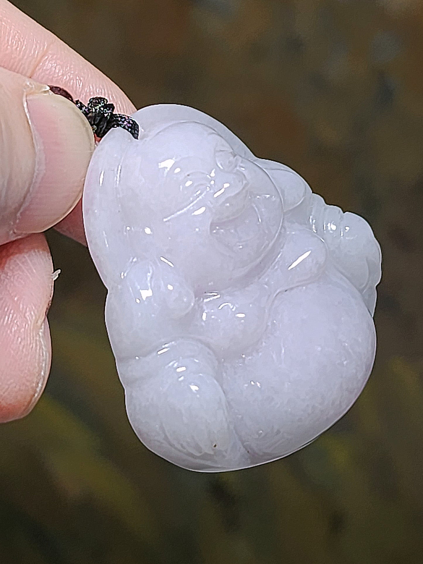 36.9 grams Type A Jadeite light lavender Laughing Buddha (Maitreya) Jade pendant (with certificate) 36.9克淡紫翡翠笑佛弥勒佛吊坠(带证书)
