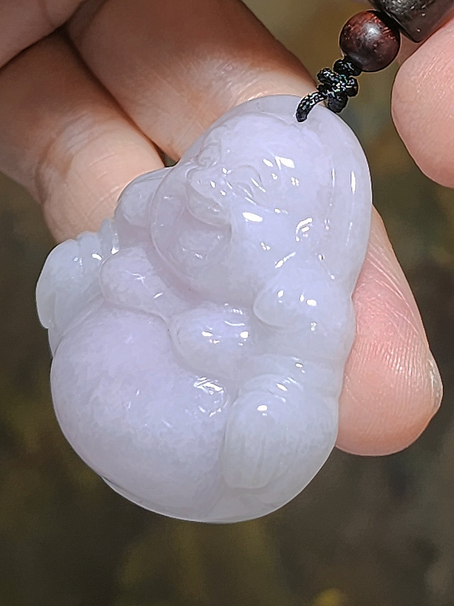 36.9 grams Type A Jadeite light lavender Laughing Buddha (Maitreya) Jade pendant (with certificate) 36.9克淡紫翡翠笑佛弥勒佛吊坠(带证书)