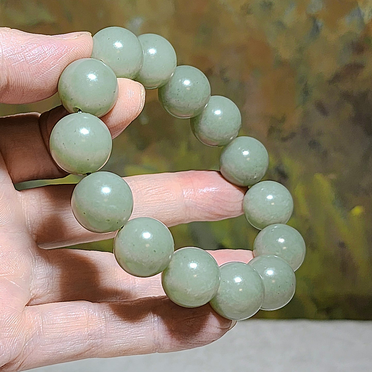 16.1mm Premium Nephrite light green with blue hue bracelet (with certificate) 16.1毫米和田玉且末青白带蓝调手链(带证书)