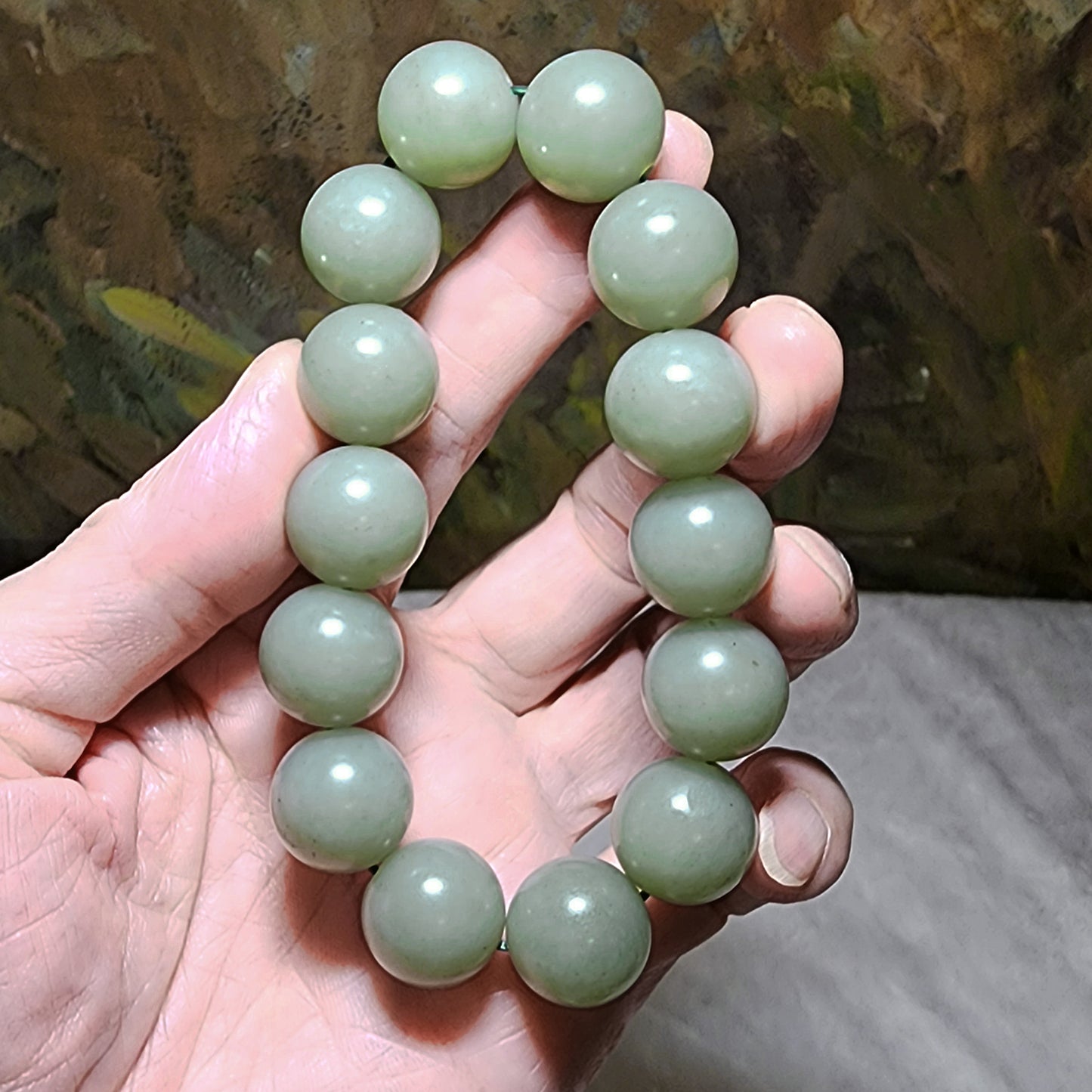 16.1mm Premium Nephrite light green with blue hue bracelet (with certificate) 16.1毫米和田玉且末青白带蓝调手链(带证书)