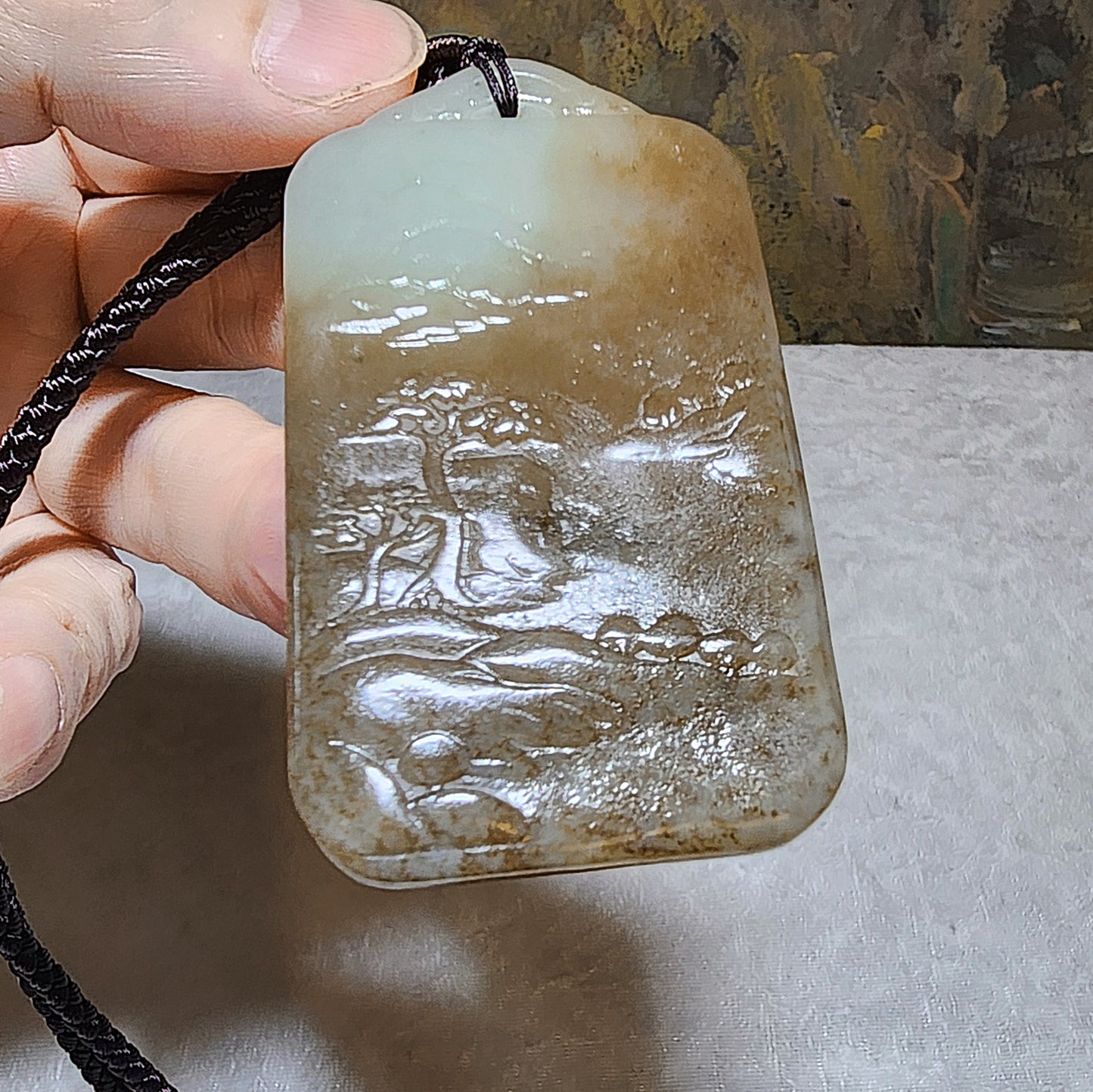 Premium Nephrite caramel brown & white Chinese Landscape Jade pendant (with certificate) 和田玉且末糖高青白山水意境吊坠(带证书)