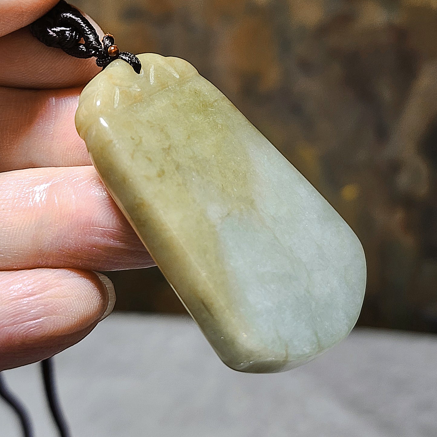 5.4cm natural untreated Burma Jade (Type A Jadeite) yellowish light green Wu Shi Pai pendant (with certificate) 5.4厘米翡翠黄翡淡绿无事牌吊坠(带证书)