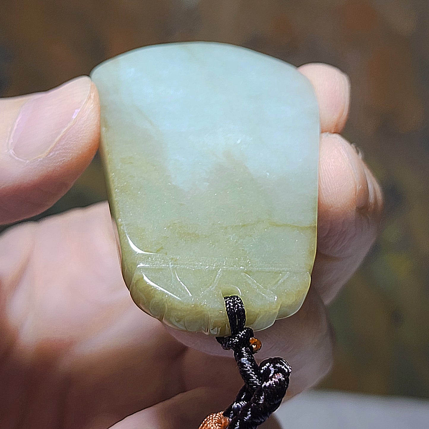5.4cm natural untreated Burma Jade (Type A Jadeite) yellowish light green Wu Shi Pai pendant (with certificate) 5.4厘米翡翠黄翡淡绿无事牌吊坠(带证书)