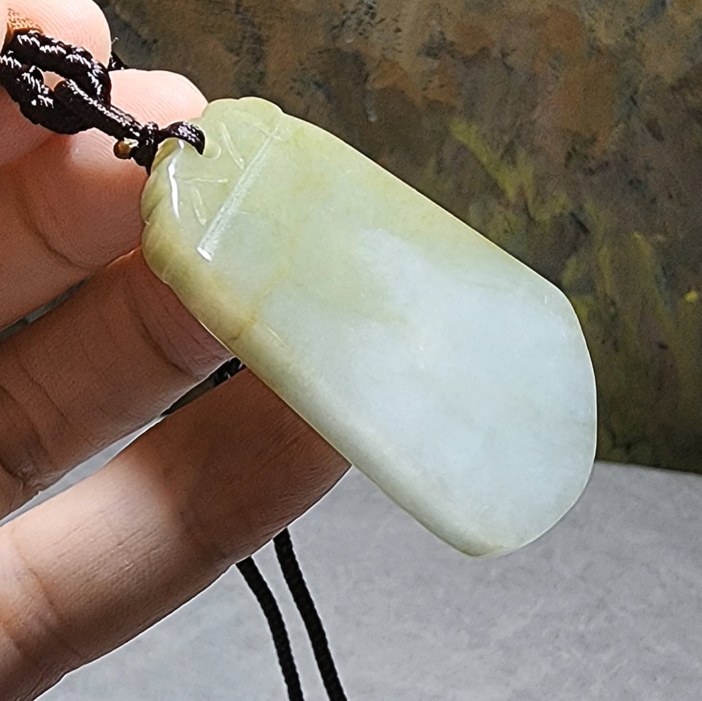 5.4cm natural untreated Burma Jade (Type A Jadeite) yellowish light green Wu Shi Pai pendant (with certificate) 5.4厘米翡翠黄翡淡绿无事牌吊坠(带证书)