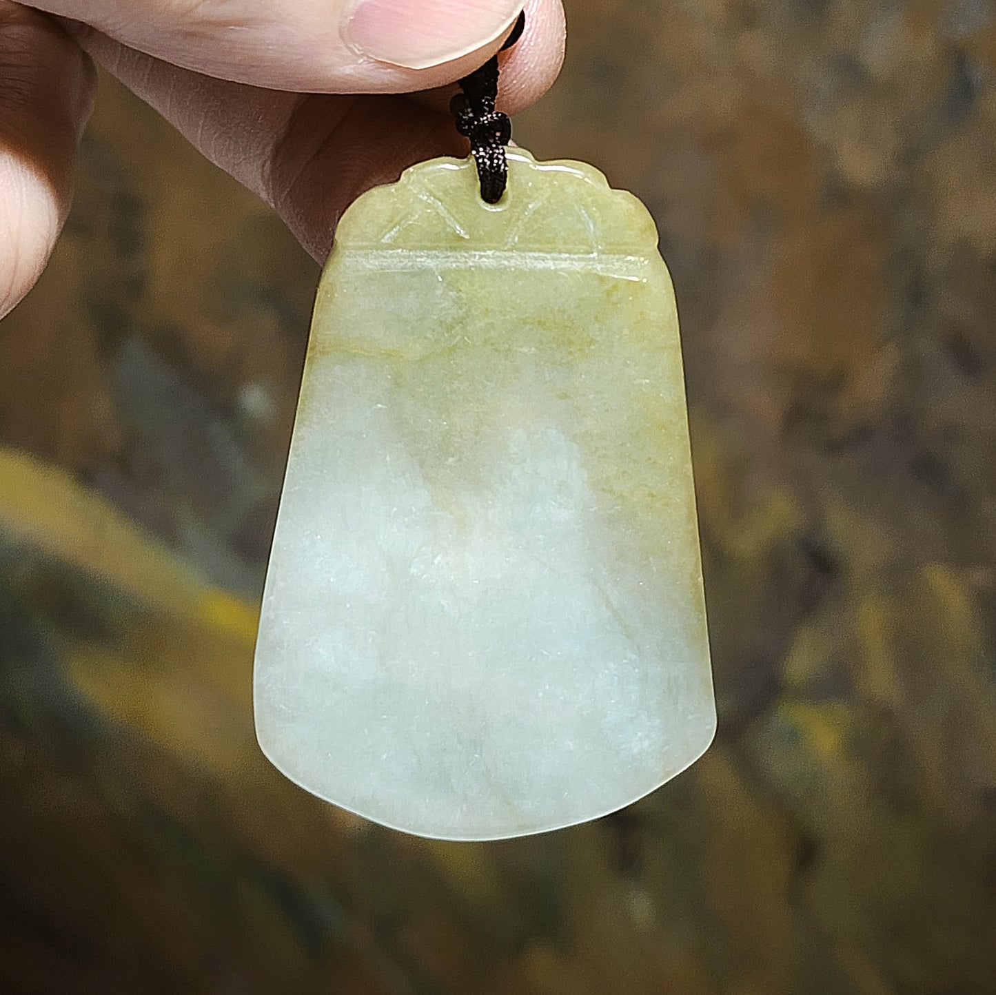 5.4cm natural untreated Burma Jade (Type A Jadeite) yellowish light green Wu Shi Pai pendant (with certificate) 5.4厘米翡翠黄翡淡绿无事牌吊坠(带证书)