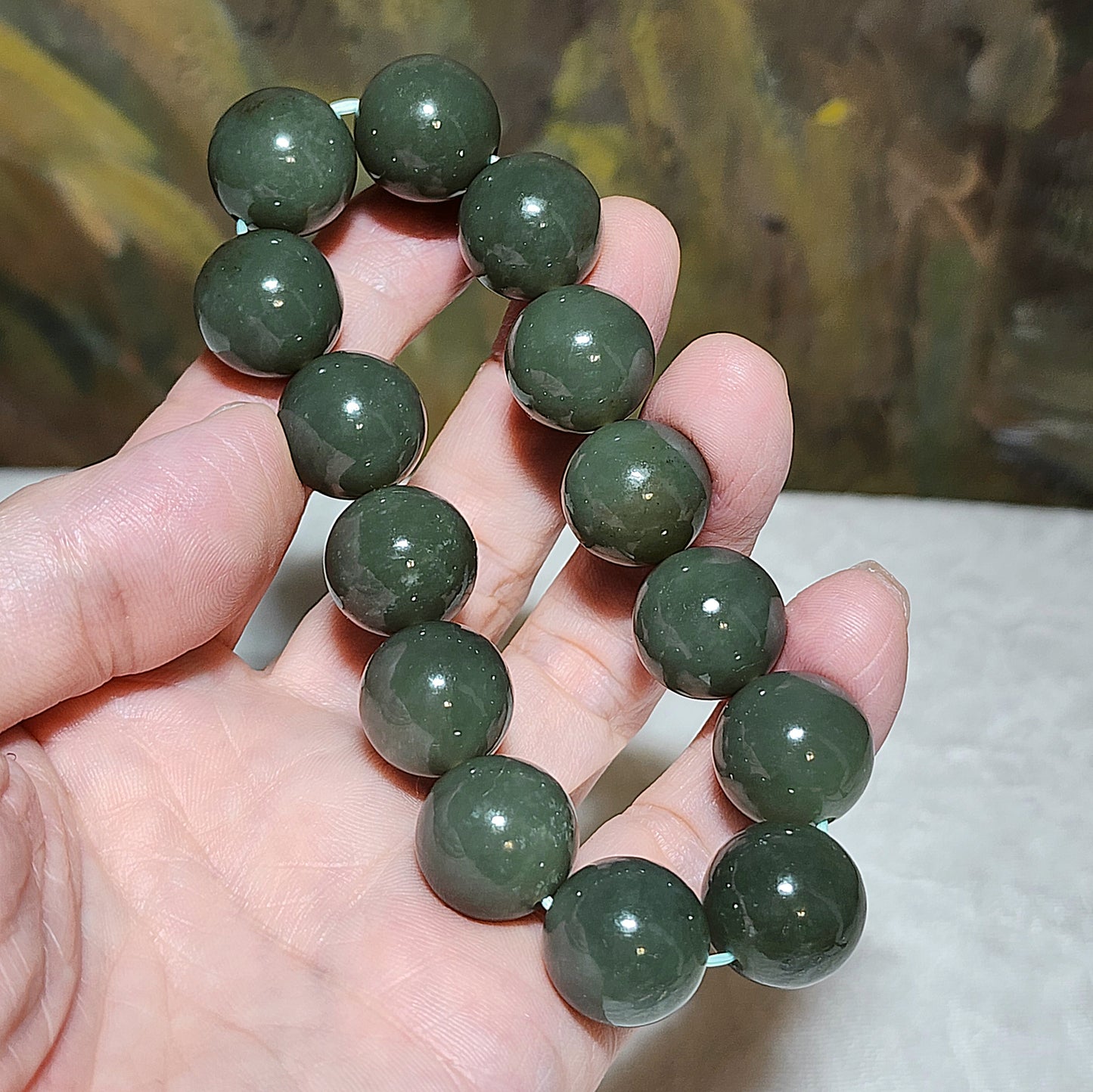 16mm Premium Nephrite blue hue light green with some caramel brown bracelet (with certificate) 16毫米优质和田玉且末蓝调青白帶小许糖手链(带证书)