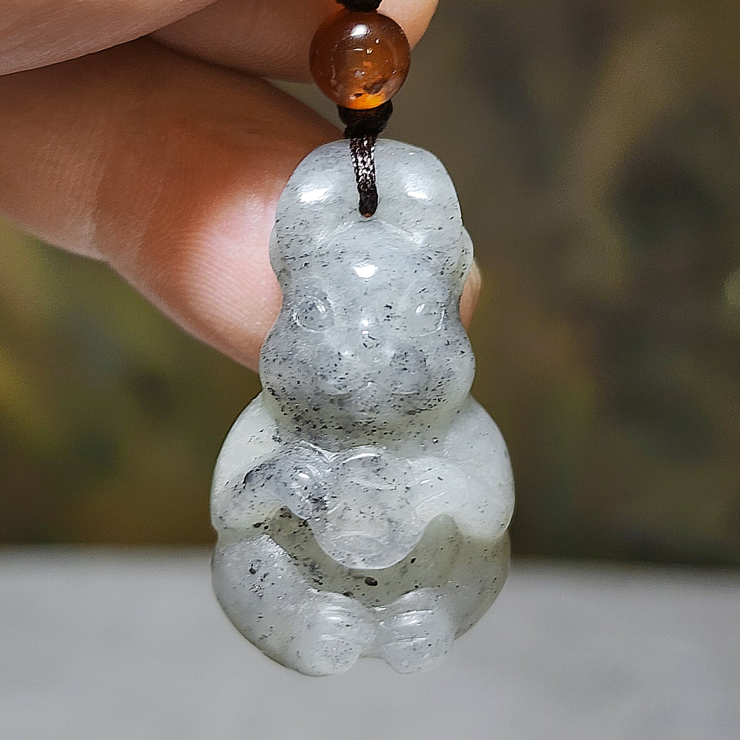 Premium natural Nephrite Qinghua (black & white) 3 dimensional Rabbit Copper Coin Jade pendant (with certificate) 和田玉新疆青花(黑白)立体兔子铜钱吊坠(带证书)