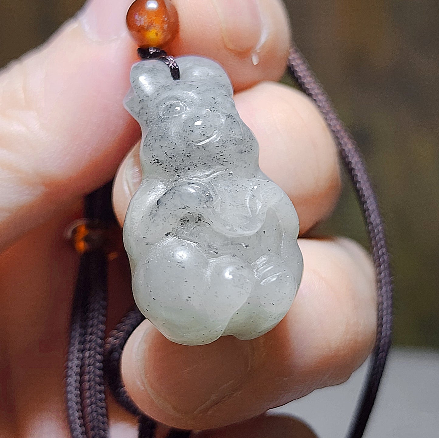 Premium natural Nephrite Qinghua (black & white) 3 dimensional Rabbit Copper Coin Jade pendant (with certificate) 和田玉新疆青花(黑白)立体兔子铜钱吊坠(带证书)