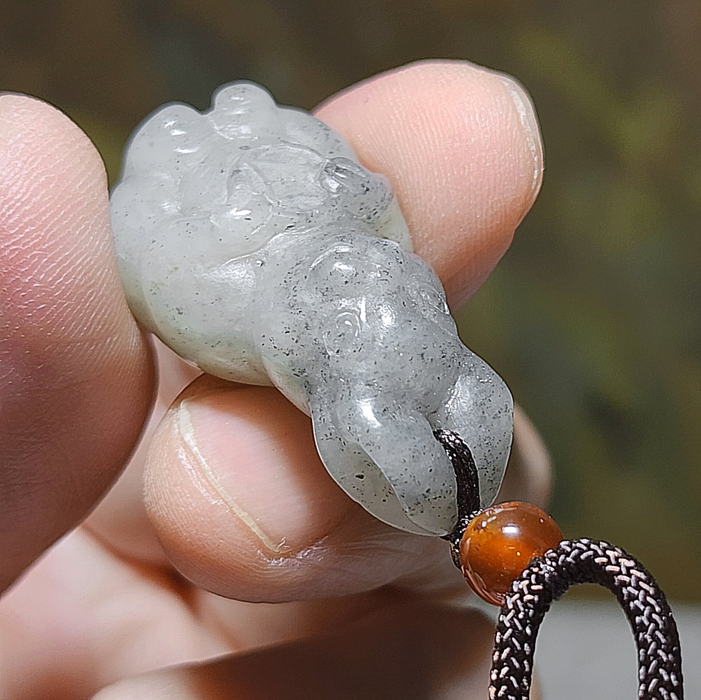 Premium natural Nephrite Qinghua (black & white) 3 dimensional Rabbit Copper Coin Jade pendant (with certificate) 和田玉新疆青花(黑白)立体兔子铜钱吊坠(带证书)