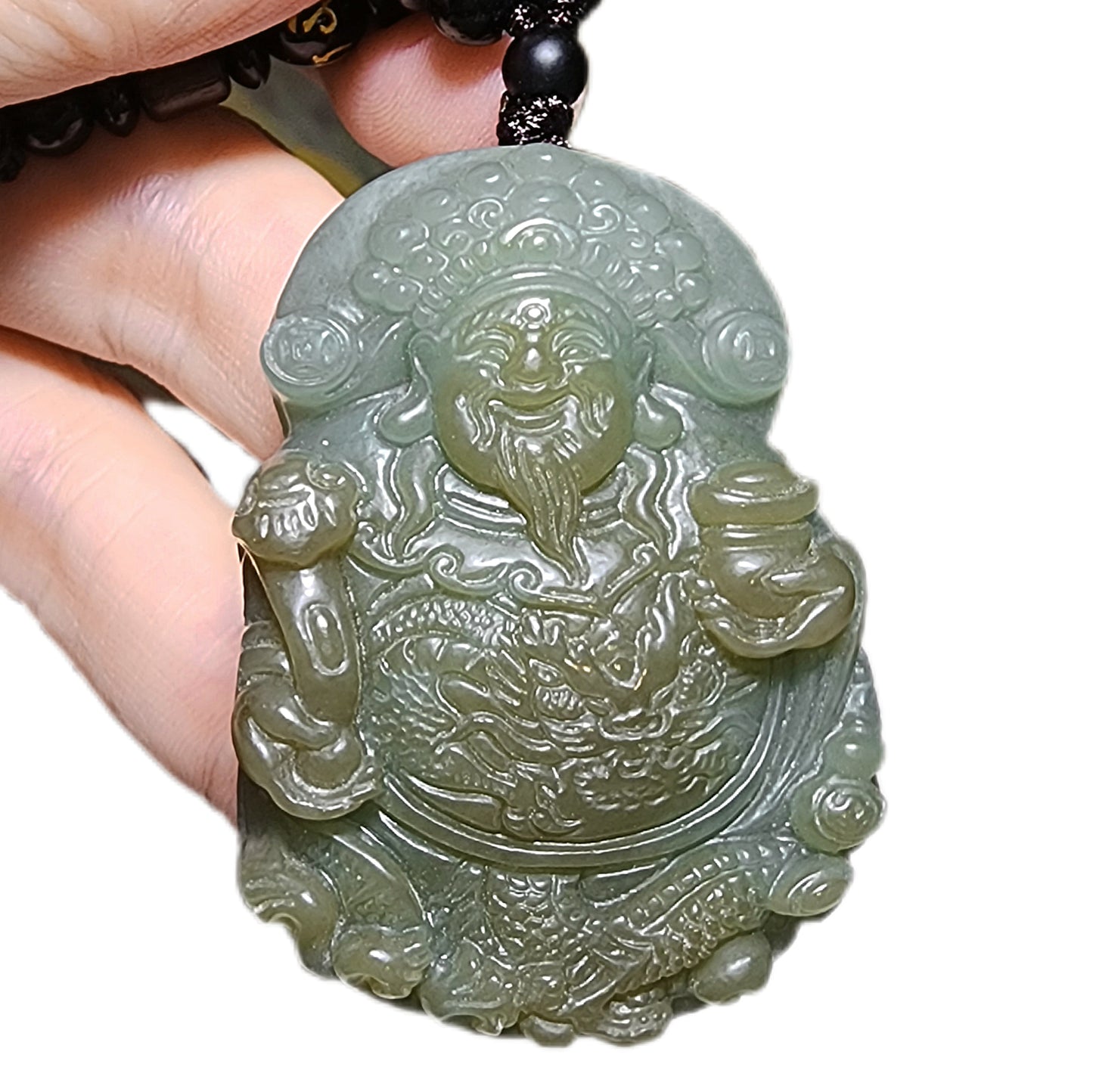 Premium natural Nephrite blue hue caramel brown light green Hundred Blessings God of Wealth Jade pendant (with certificate) 和田玉且末糖蓝调青白糖百福财神吊坠(带证书)