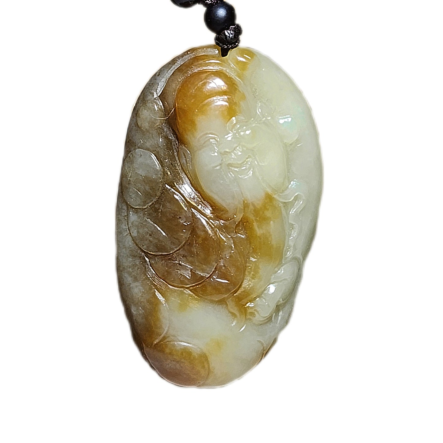 Premium good greasiness natural Nephrite whitish light yellow hue caramel brown God of Wealth Jade pendant/handheld (with certificate) 和田玉且末糖黄口青白油润财神吊坠/手把(带证书)